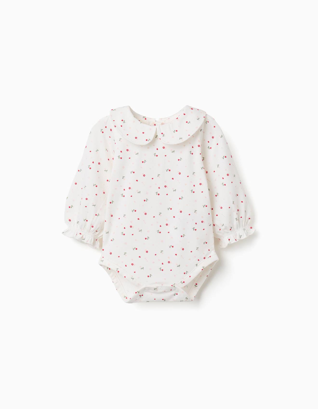 Body En Coton À Manches Longues Avec Motif Fleuri Blanc