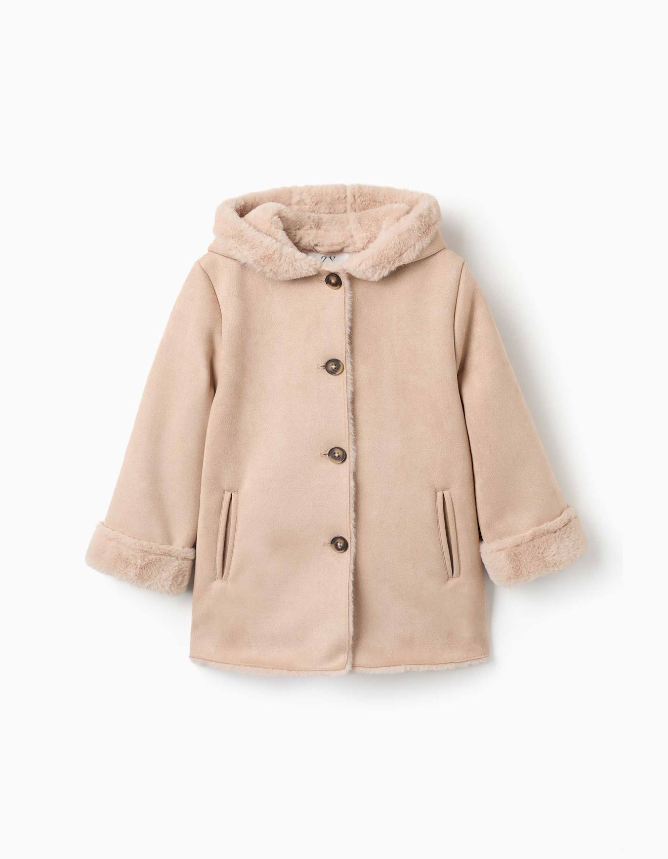 Manteau En Suédine À Capuche Et Doublure En Peluche Douce Synthétique Beige Clair