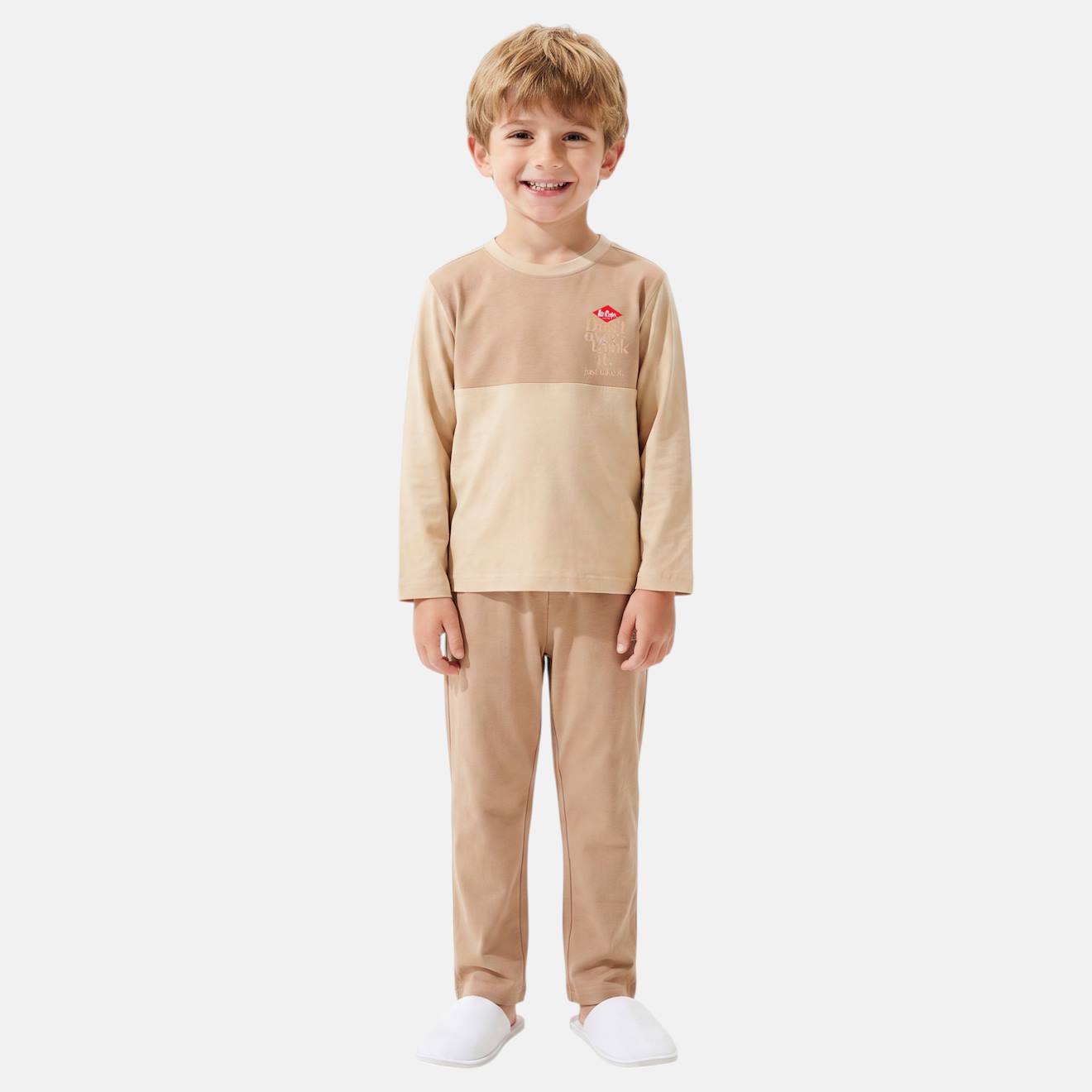 Pyjama Garçon Manches Longues Pantalon Bicolore Beige