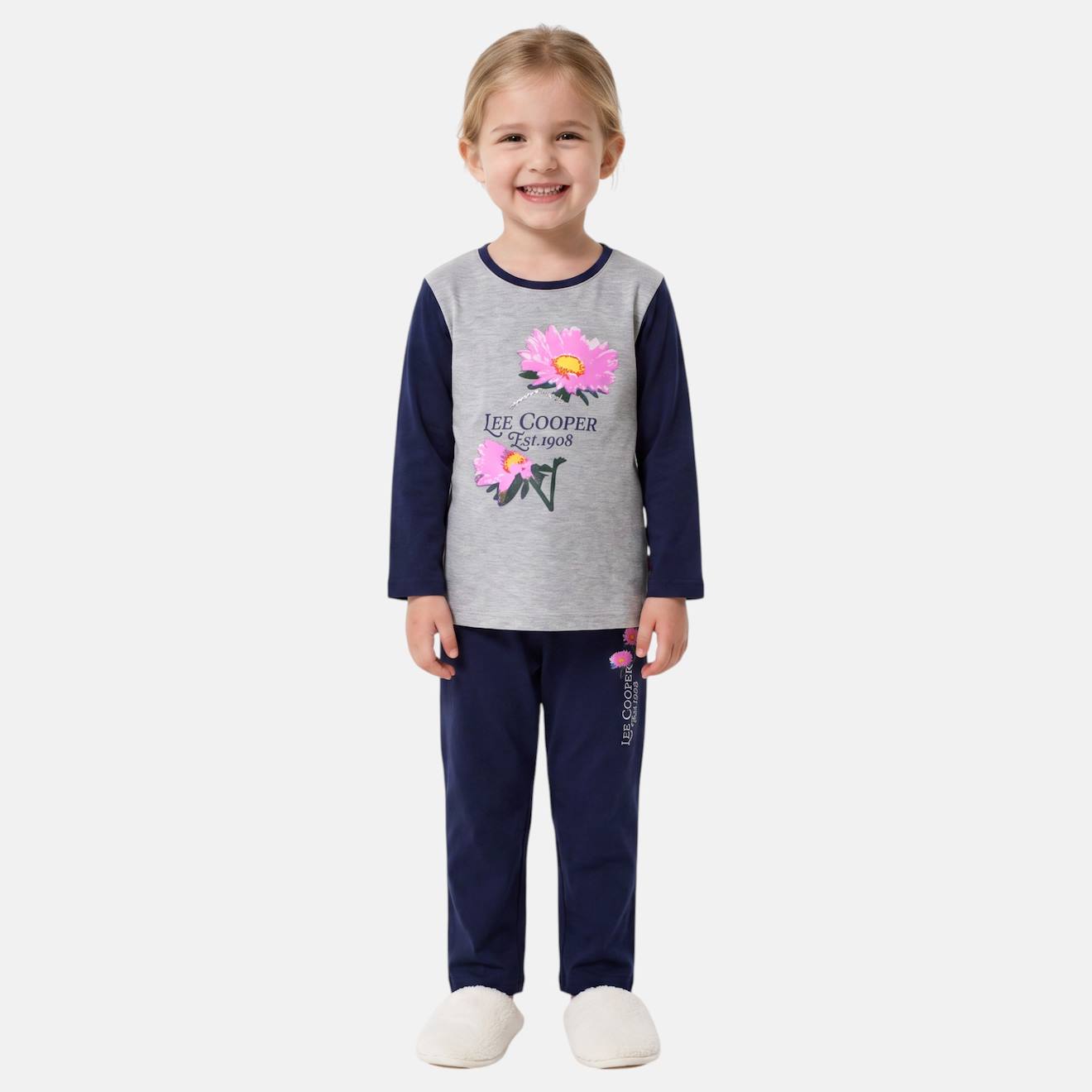 Pyjama Manches Longues Imprimé Fleurs Fille Bleu Marine