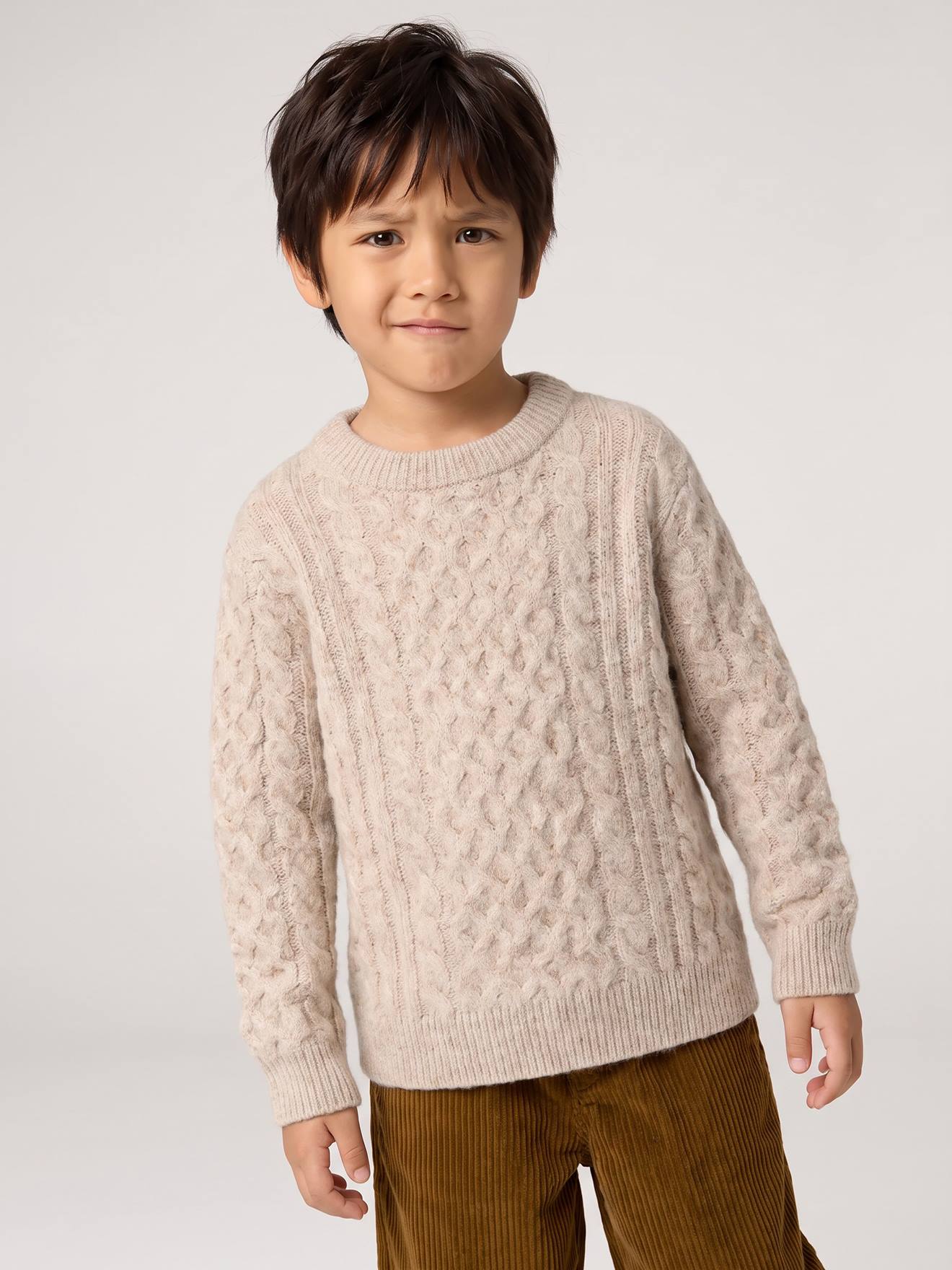 Pull garçon manches longues col rond beige chiné