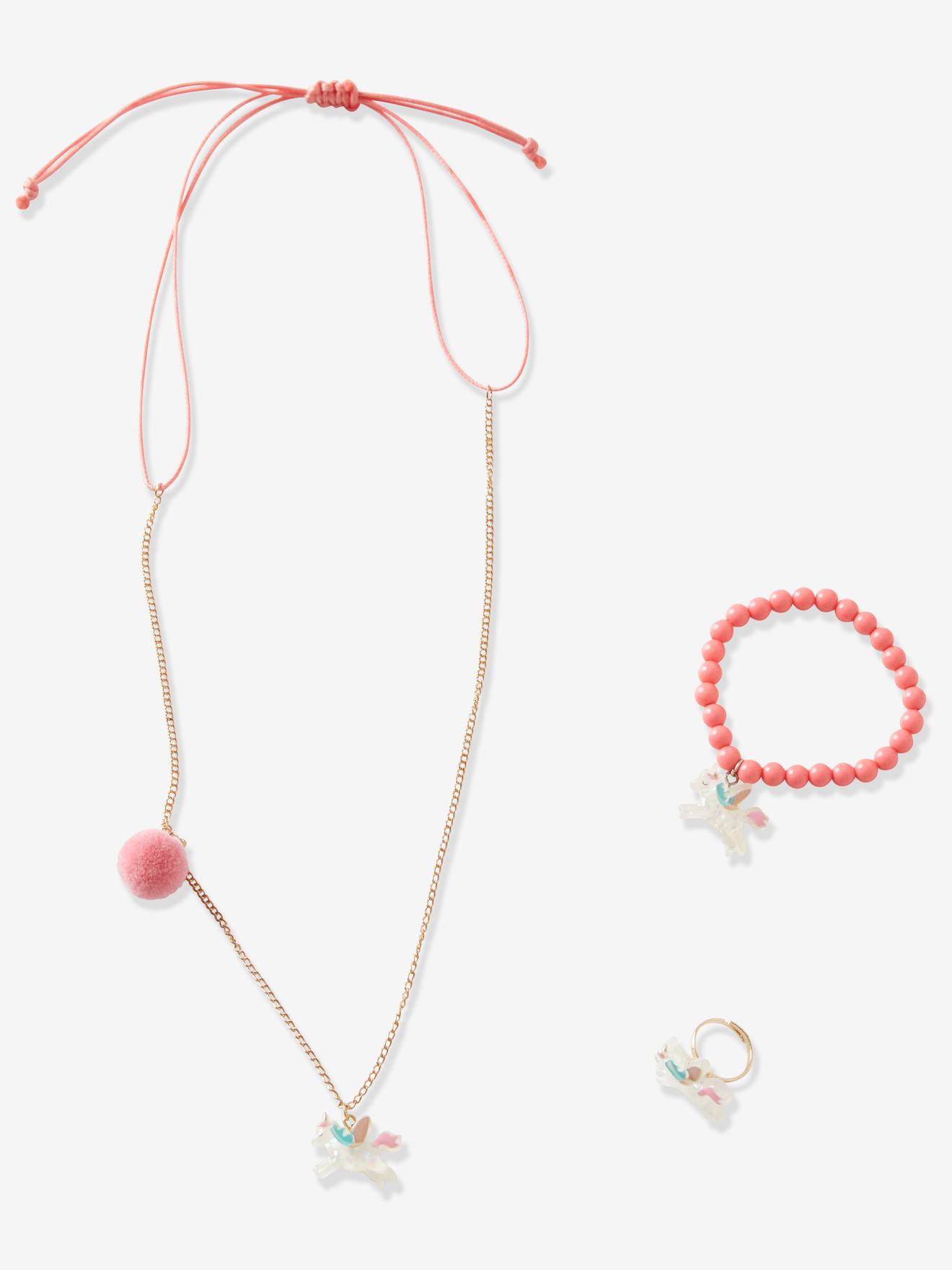 Ensemble collier, bracelet et bague Licorne fille lot rose bisou