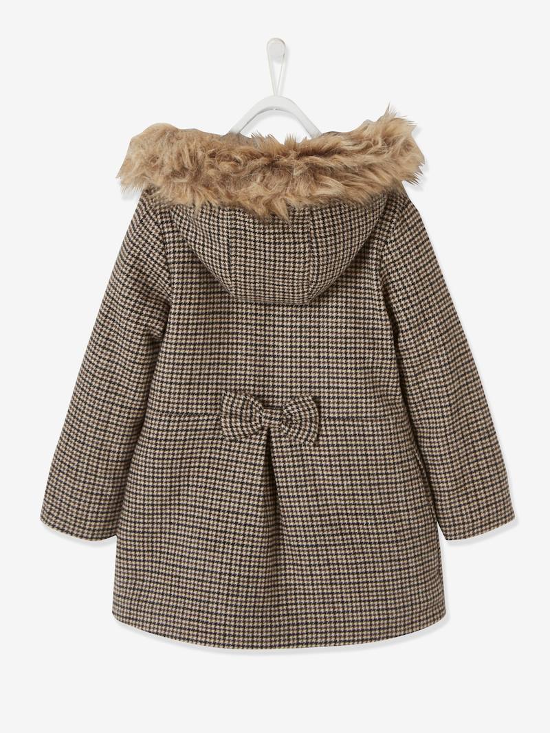 Manteau fille à capuche amovible carreaux taupe Vertbaudet