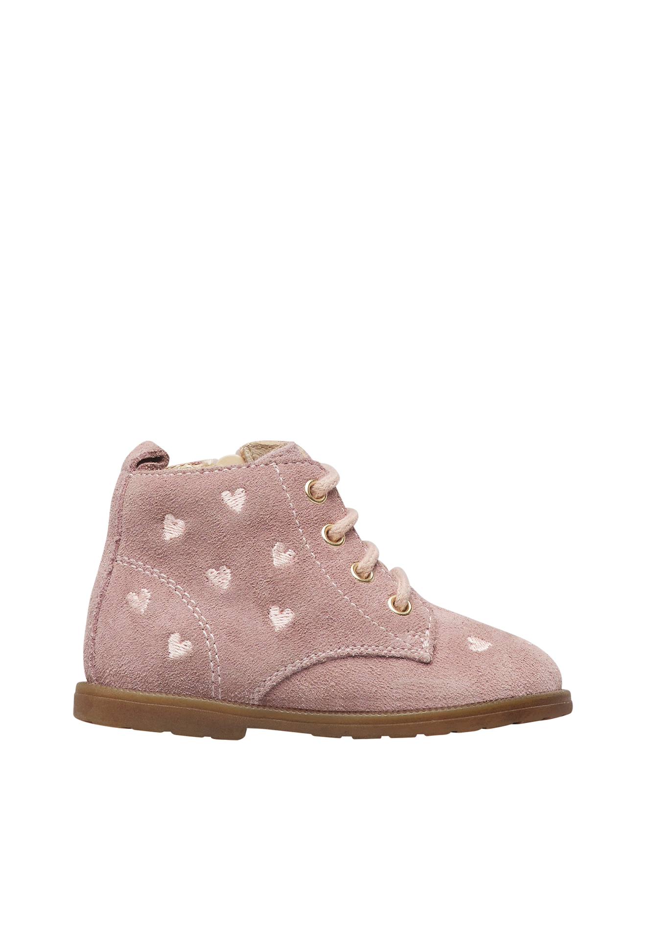 Bottines Bébé Fille En Daim Robin New À Zip, Broderies Cœurs Rose-marron