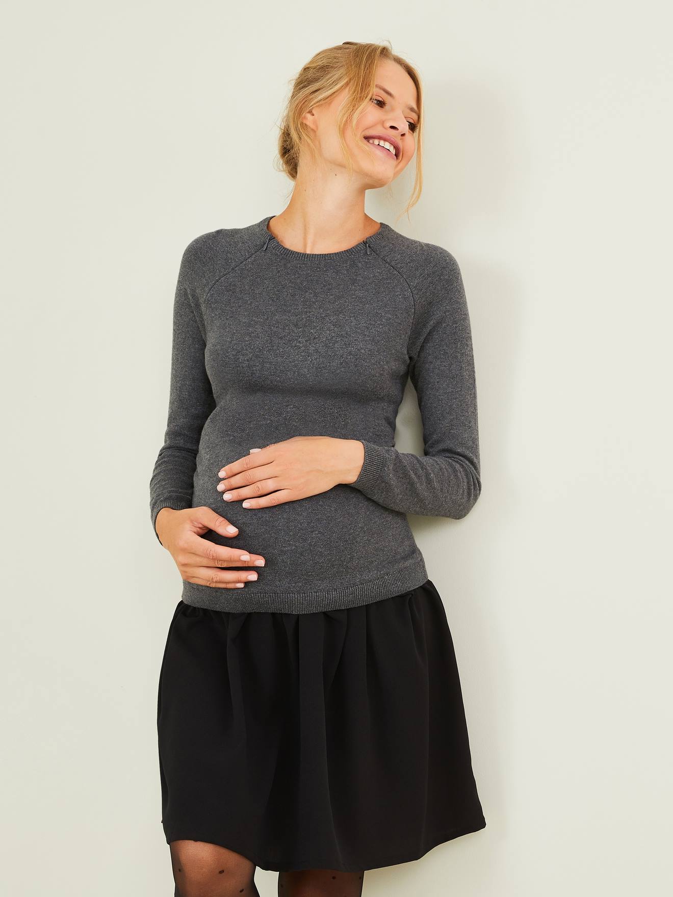 Robe bi-matière grossesse et allaitement gris foncé chiné