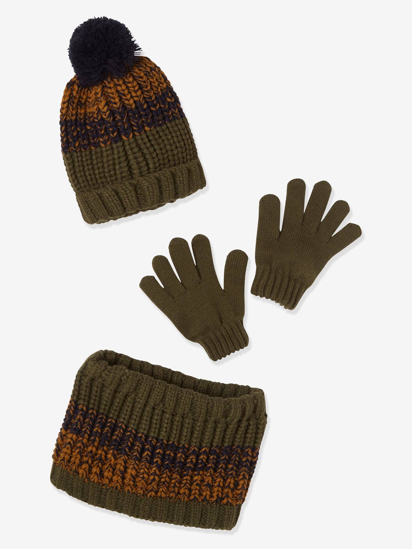 Ensemble bonnet + snood + moufles ou gants garçon en tricot kaki