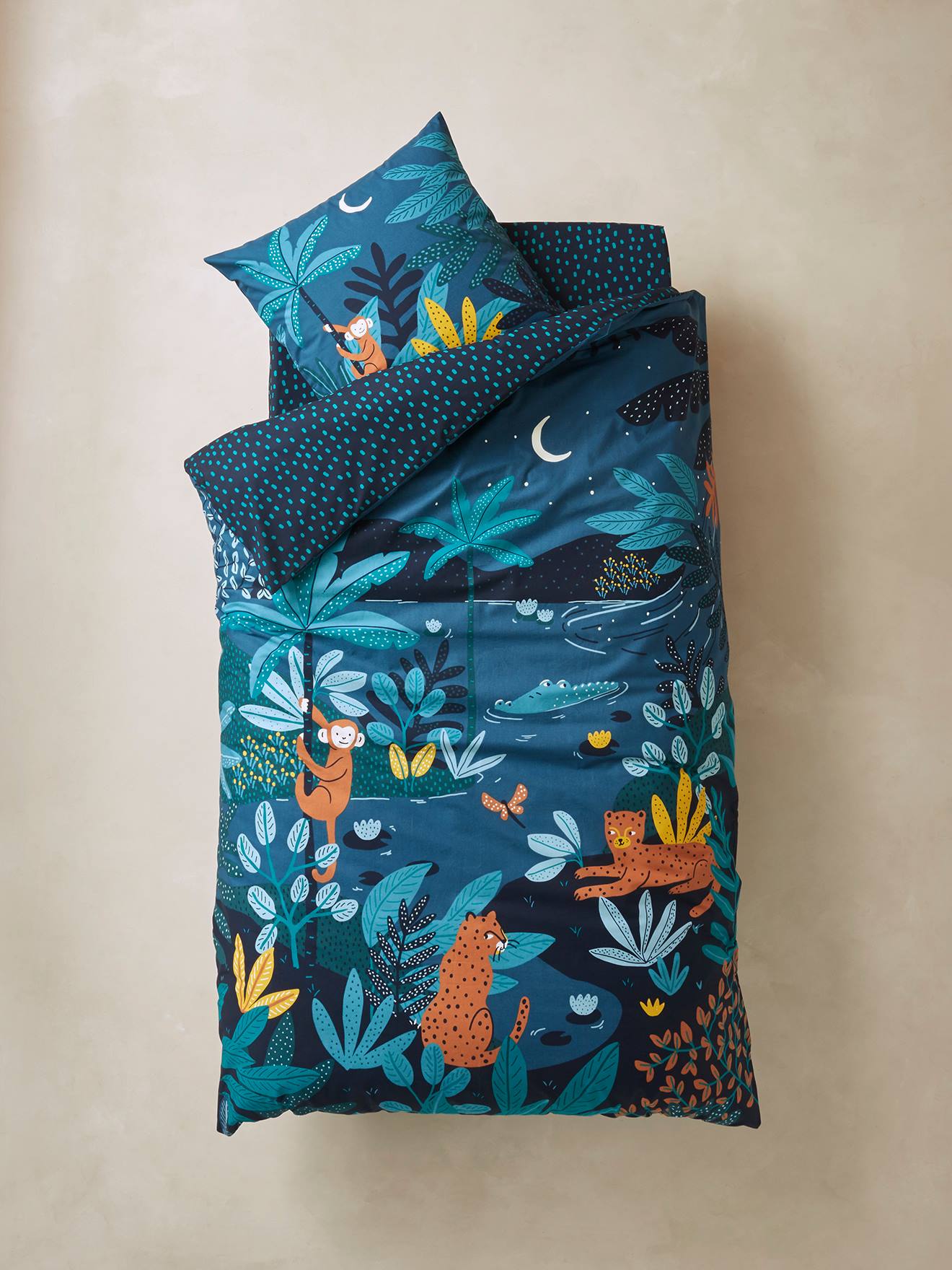 Parure Housse De Couette Taie D Oreiller Enfant Jungle Night Oeko Tex Bleu Multicolore Vertbaudet