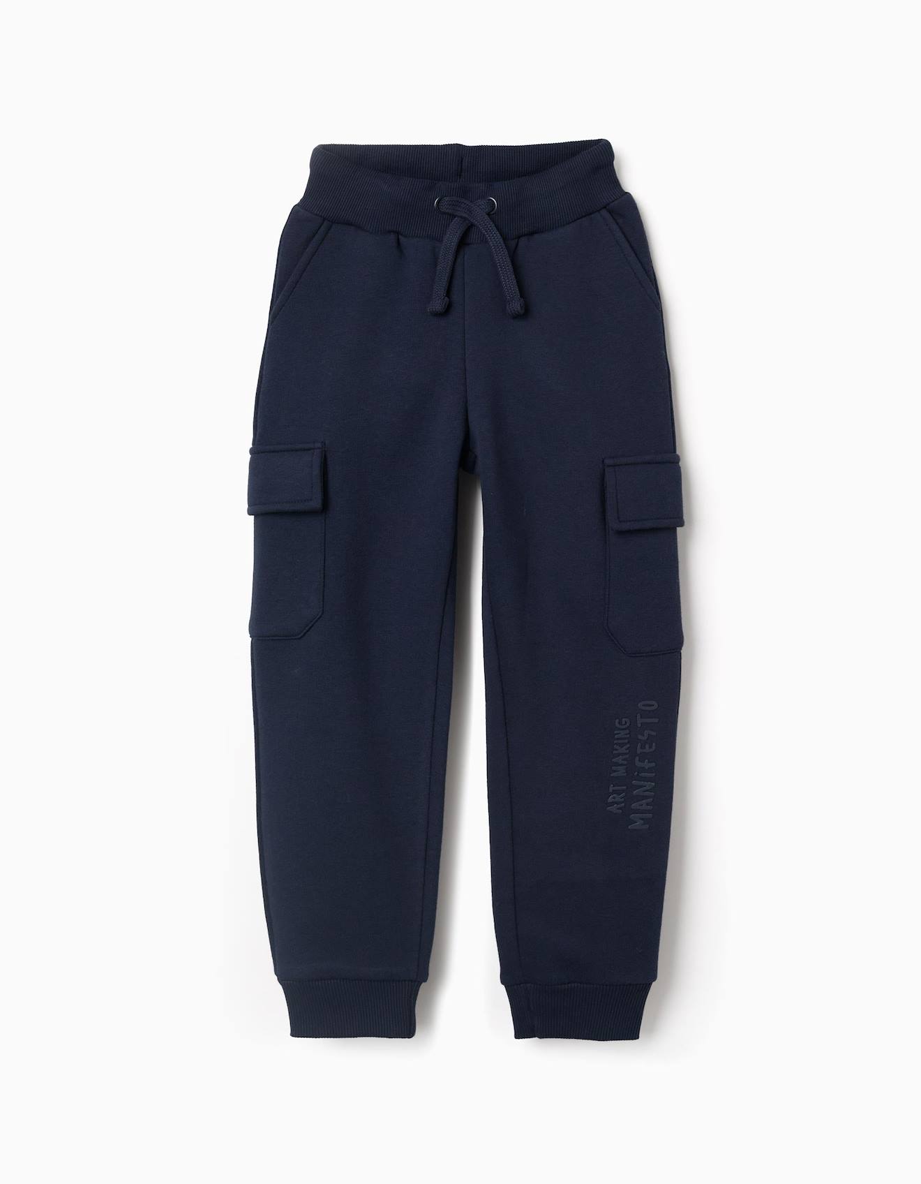 Pantalon De Jogging En Coton Peigné Avec Poches Cargo Et Imprimé Bleu Foncé Pantalon De Jogging En Coton Peigné Avec Poches Cargo Et Imprimé Bleu Foncé