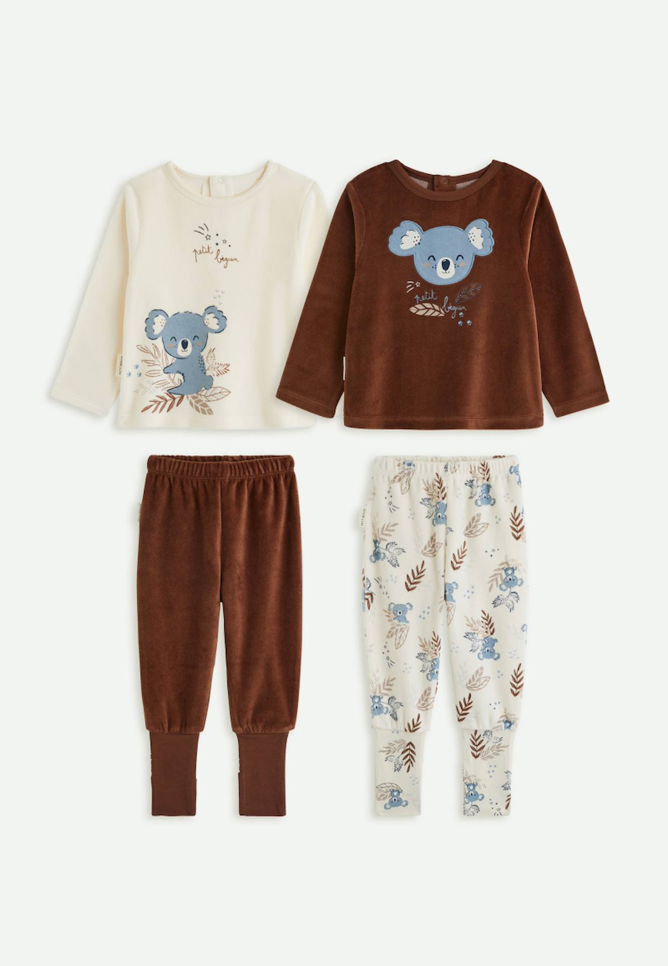 Lot De 2 Pyjamas Bébé 2 Pièces En Velours À Pieds Retroussables Mathéo Marron