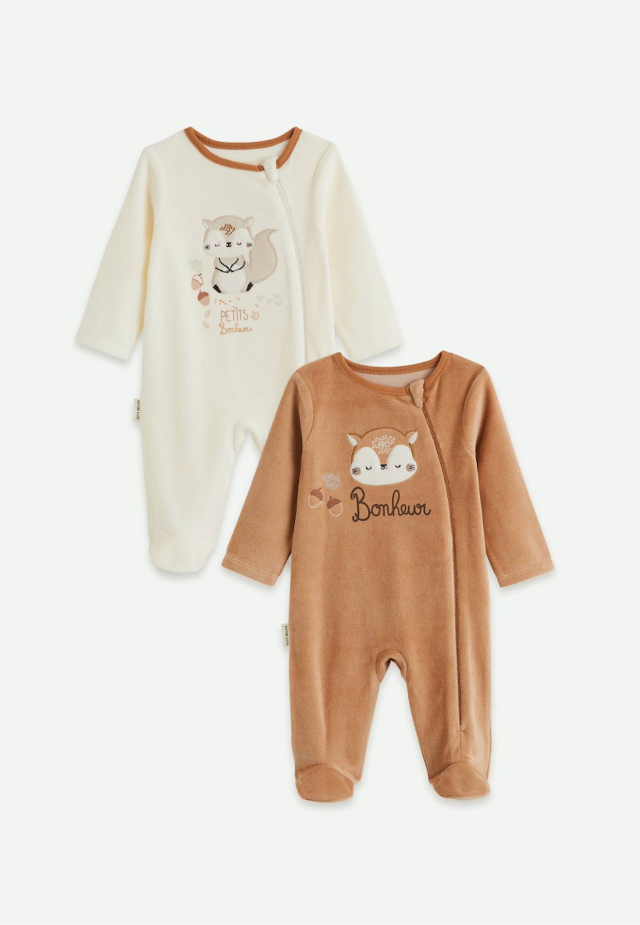 Lot De 2 Pyjamas Bébé En Velours Ouverture Zippée Caramel Marron
