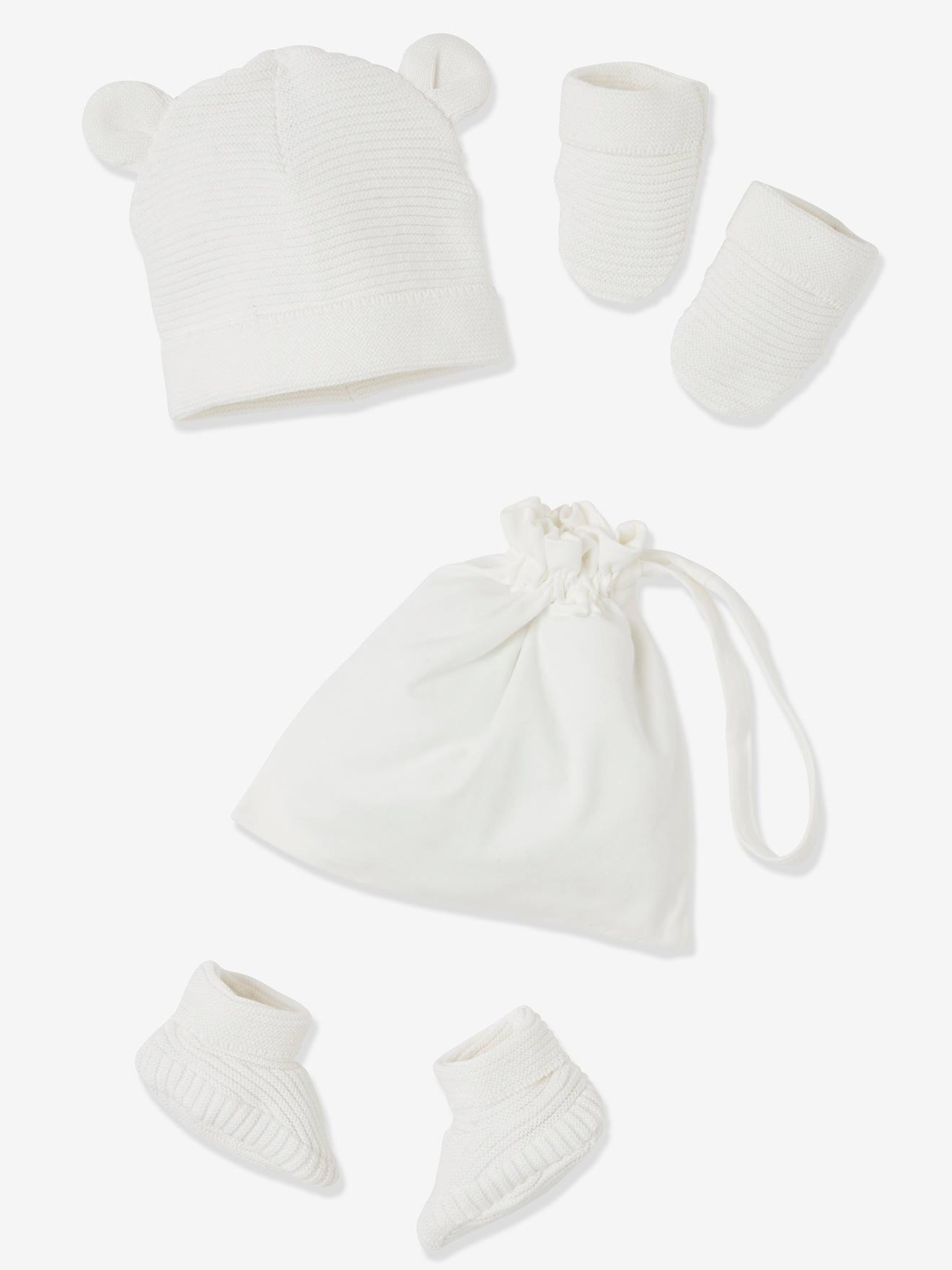 Ensemble bonnet, moufles et chaussons bébé naissance et son pochon personnalisable écru