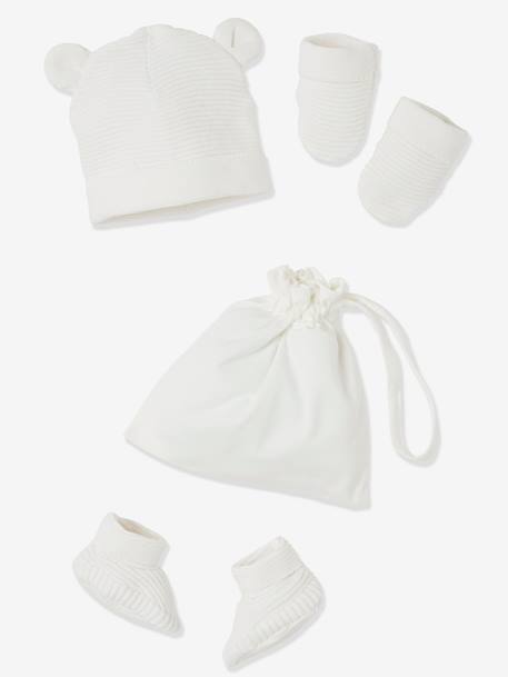 Bébé-Ensemble bonnet, moufles et chaussons bébé naissance et son pochon personnalisable