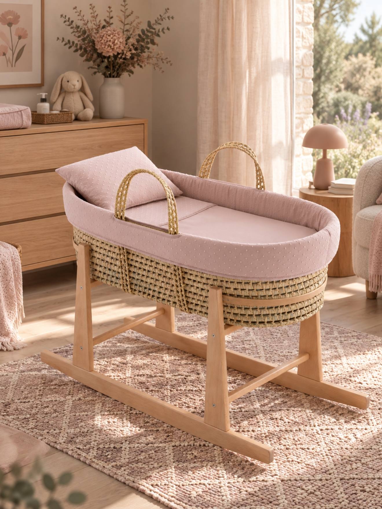 Couffin Bébé Matelassé Avec Support En Bois Rose