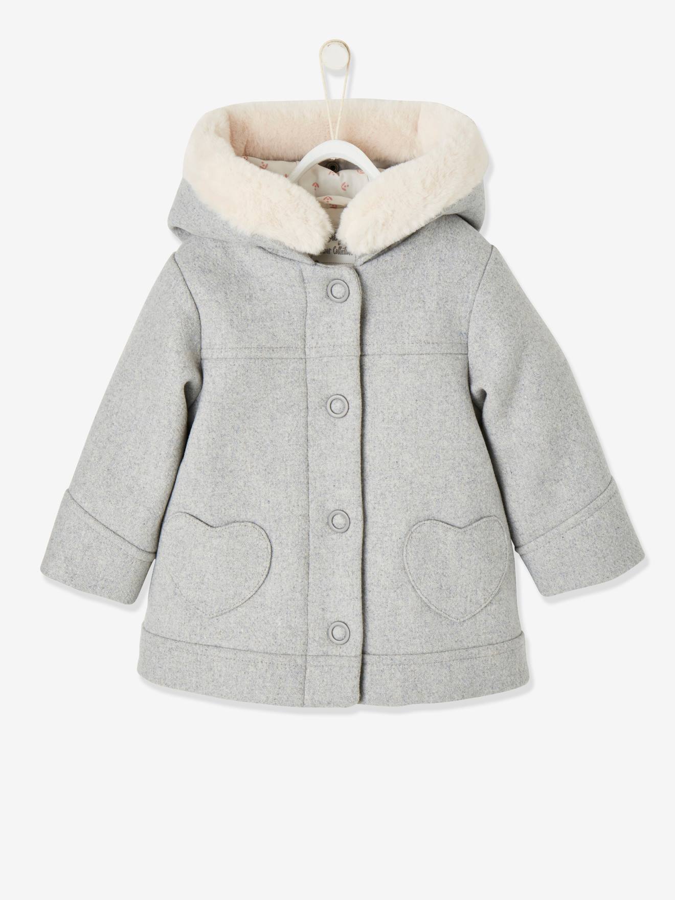 Manteau à capuche bébé fille drap de laine gris clair chine