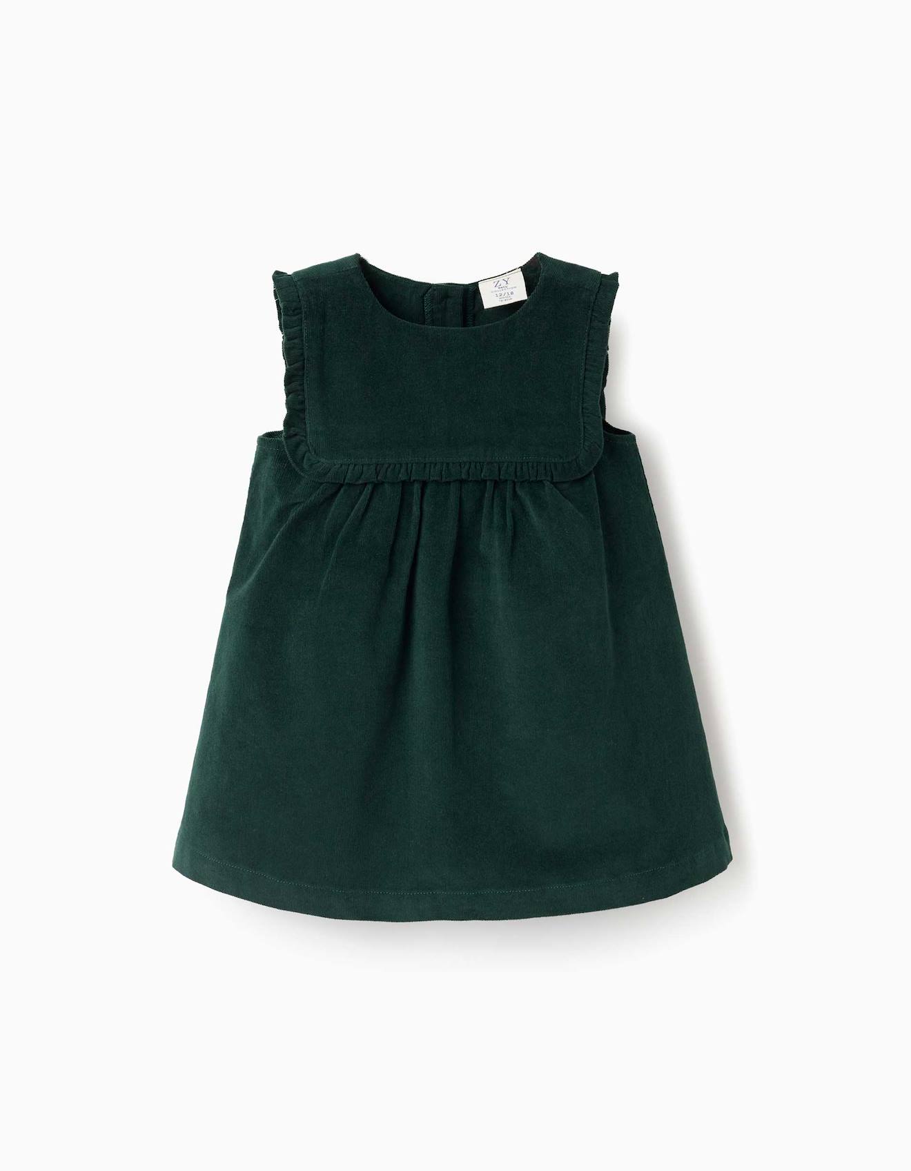Robe Salopette En Velours Côtelé Avec Volants Vert Foncé