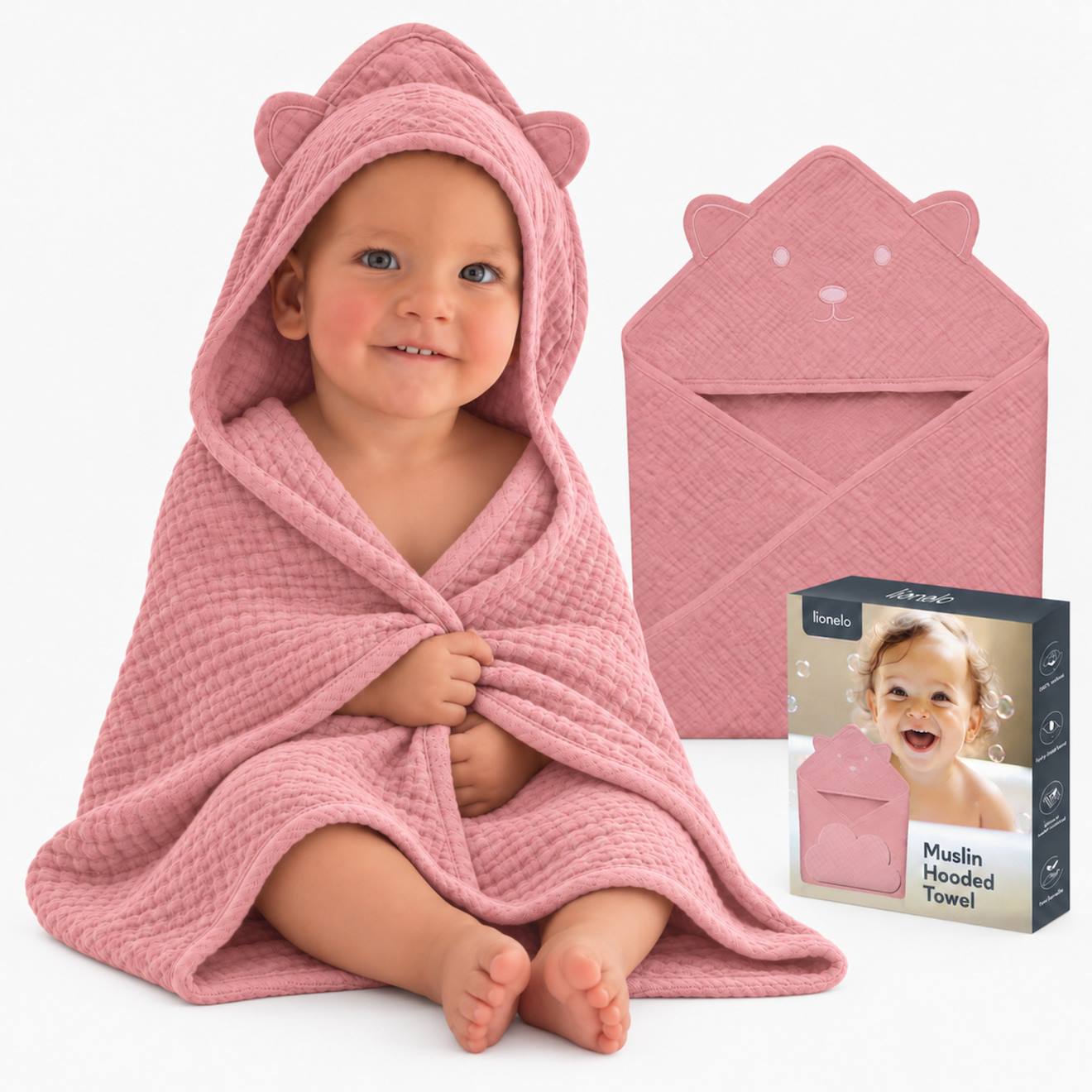 Serviette De Bain À Capuche Muslin Hooded Towel 80 X 80 Cm En Mousseline 100 % Coton, Douce Et Absorbante Pink Baby