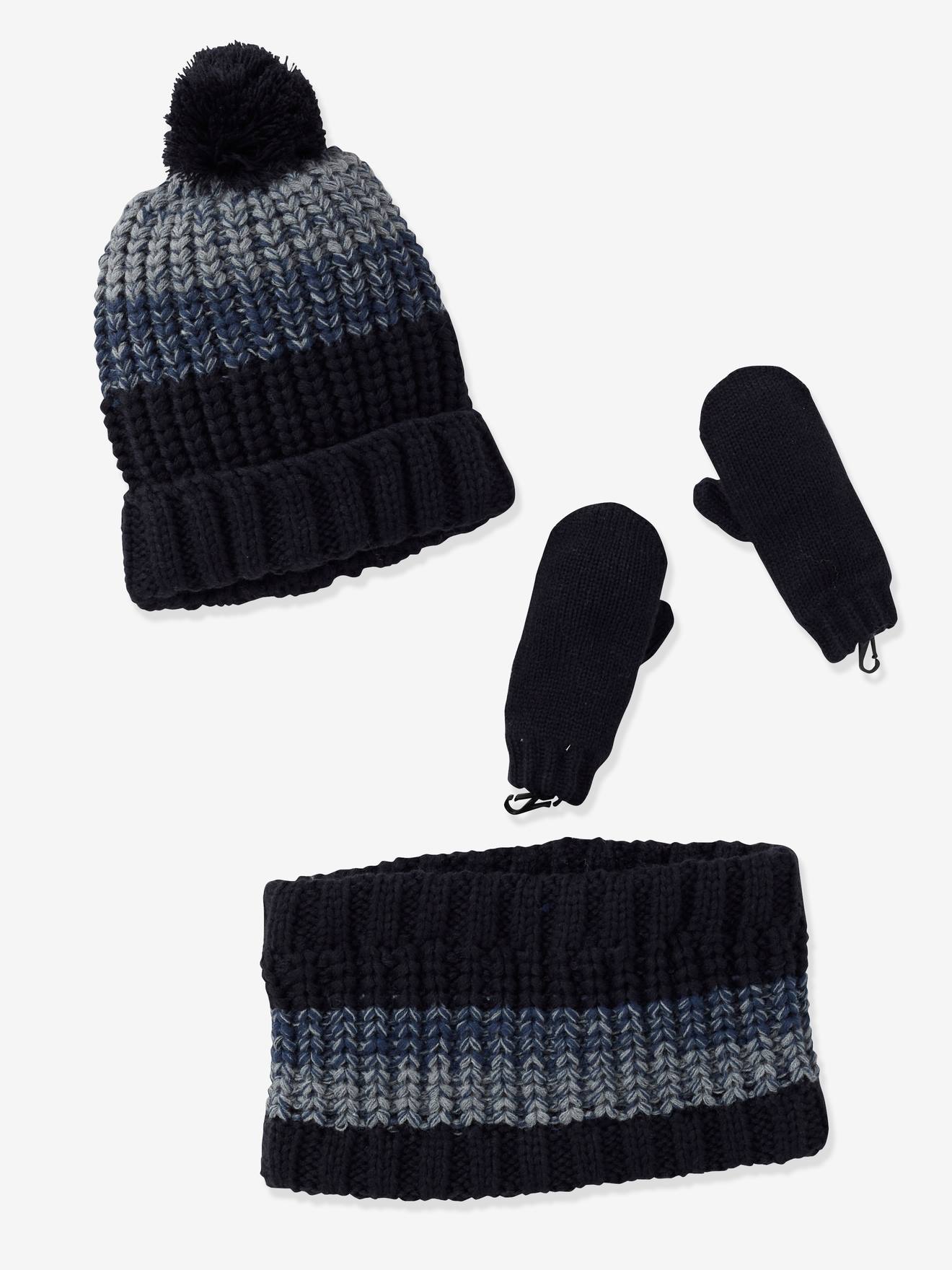 Ensemble bonnet + snood + moufles ou gants garçon en tricot lot bleu jean
