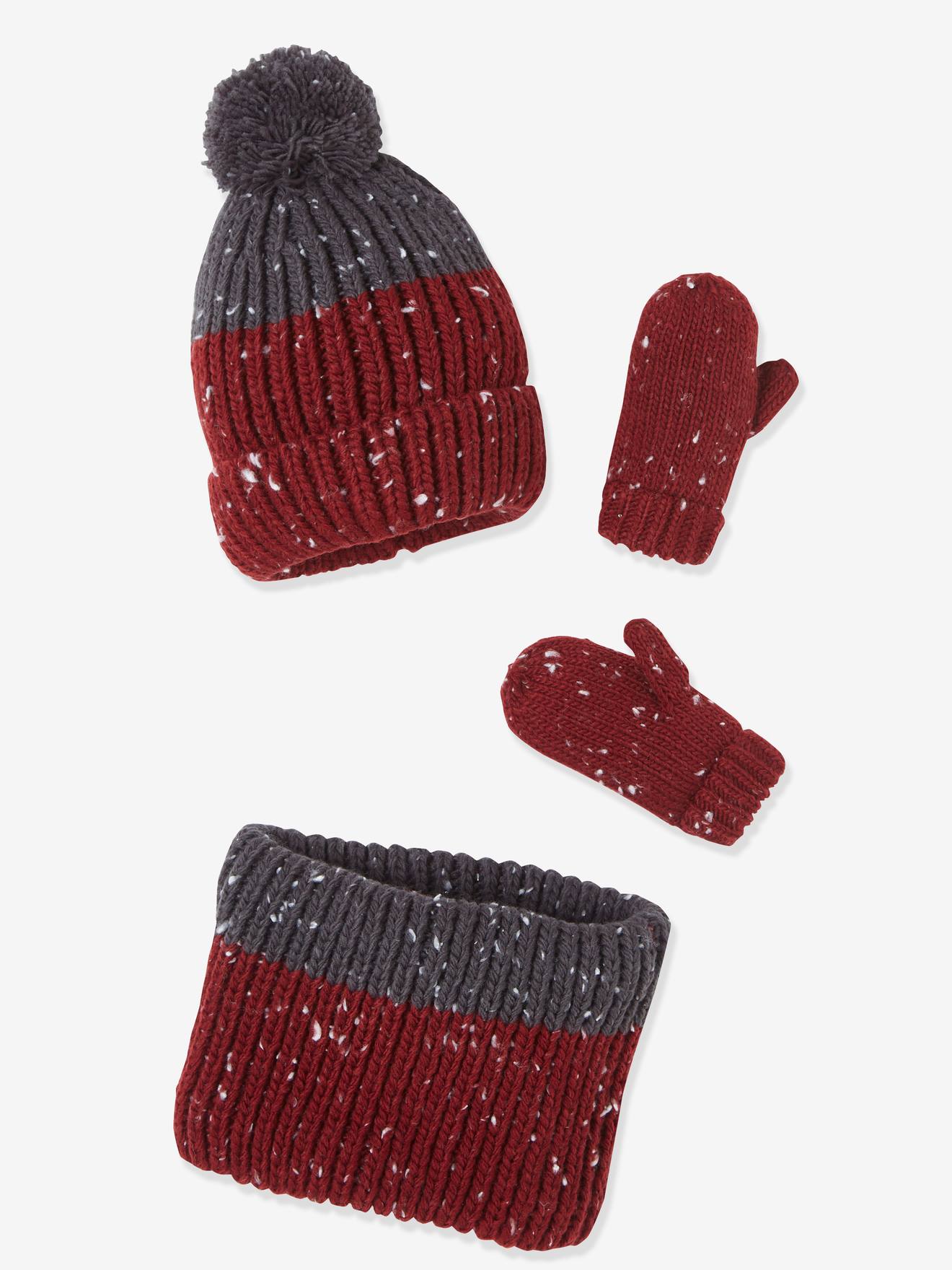Bonnet + snood + moufles ou gants garçon en tricot doublés polaire brique