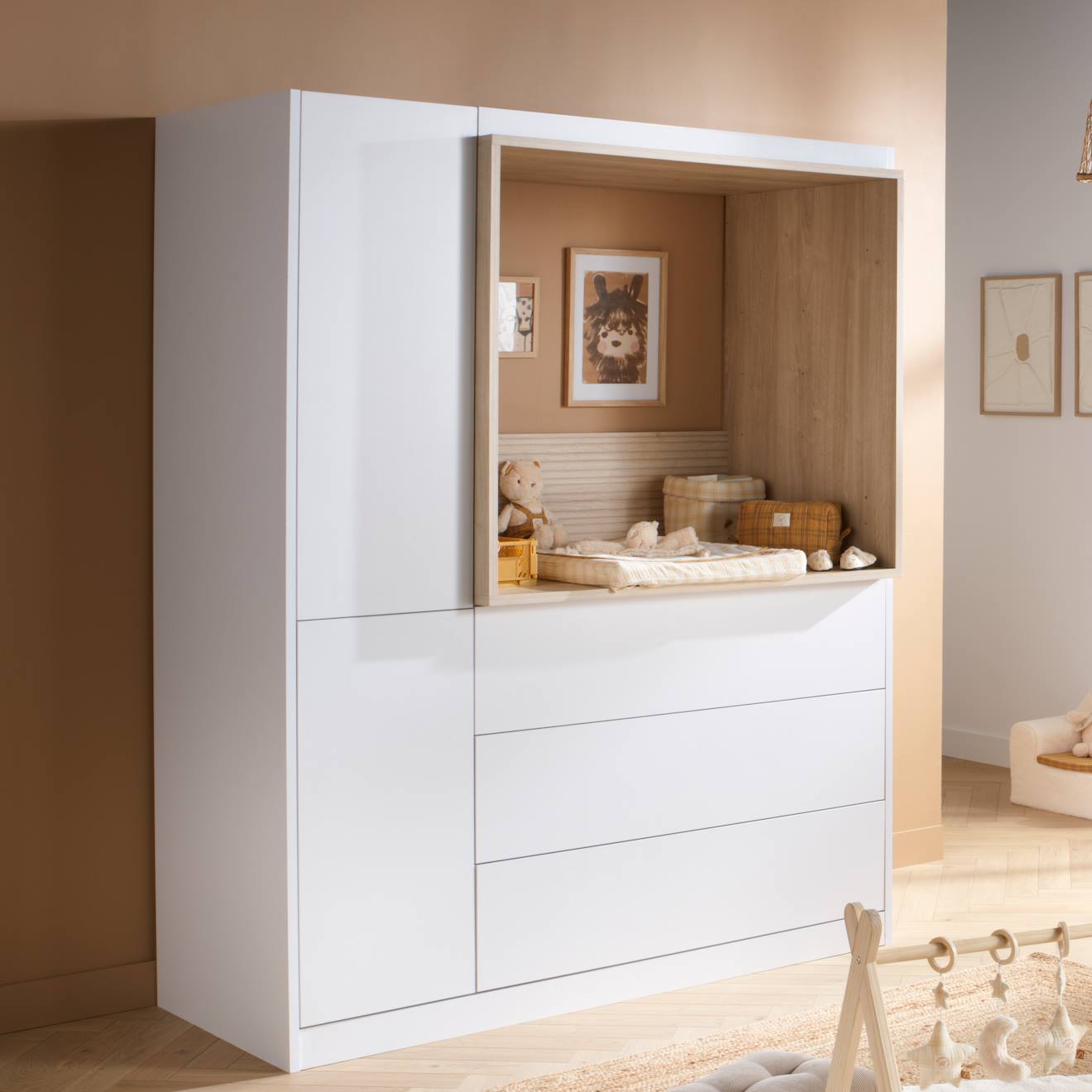 Combiné Commode À Langer 3 Tiroirs, 1 Colonne Et Niche Décor Chêne Sépia - Paloma Blanc Combiné Commode À Langer 3 Tiroirs, 1 Colonne Et Niche Décor Chêne Sépia - Paloma Blanc
