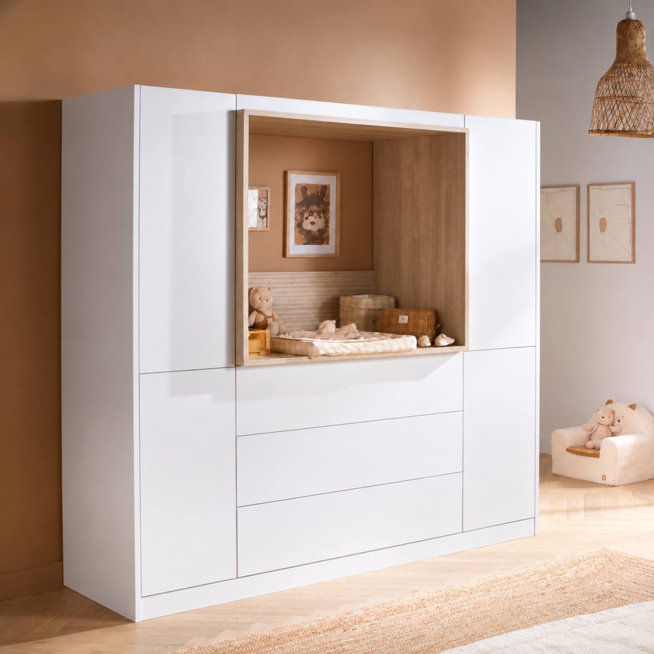 Combiné Commode À Langer 3 Tiroirs, 2 Colonnes Et Niche Décor Chêne Sépia - Paloma Blanc Combiné Commode À Langer 3 Tiroirs, 2 Colonnes Et Niche Décor Chêne Sépia - Paloma Blanc