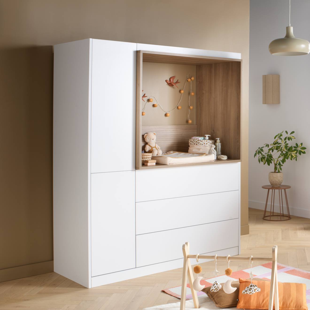 Combiné Commode À Langer 3 Tiroirs, 1 Colonne Et Niche Décor Chêne Mokka - Mokka Blanc Combiné Commode À Langer 3 Tiroirs, 1 Colonne Et Niche Décor Chêne Mokka - Mokka Blanc