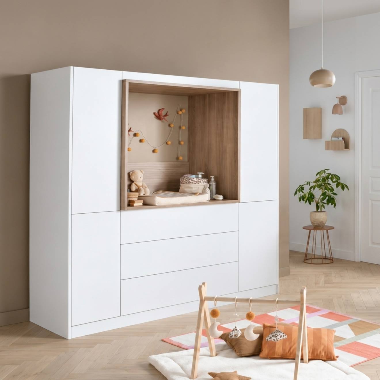 Combiné Commode À Langer 3 Tiroirs, 2 Colonnes Et Niche Décor Chêne Mokka - Mokka Blanc Combiné Commode À Langer 3 Tiroirs, 2 Colonnes Et Niche Décor Chêne Mokka - Mokka Blanc