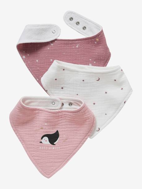 Lot De 3 Bavoirs Bandanas En Gaze De Coton Lot Rose Pingouin Vertbaudet