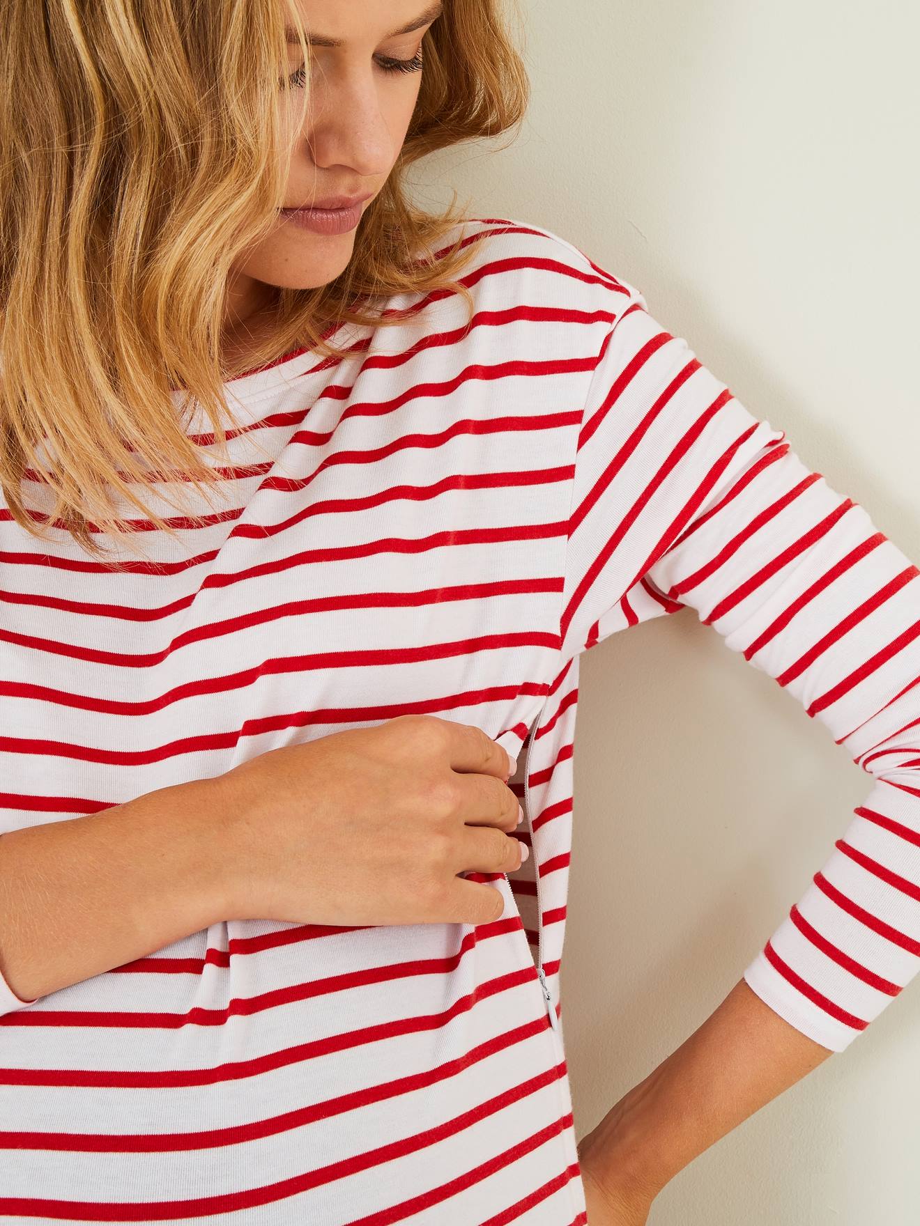 T-shirt marinière de grossesse et d'allaitement blanc rayé rouge (Vertbaudet) - Image 1