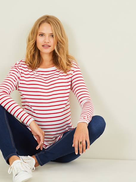 Vertbaudet - T-shirt marinière de grossesse et d'allaitement blanc rayé rouge
