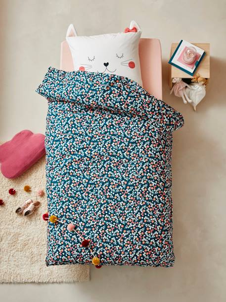 Parure Housse De Couette Taie D Oreiller Enfant Chat Waou Oeko Tex Bleu Multicolore Vertbaudet