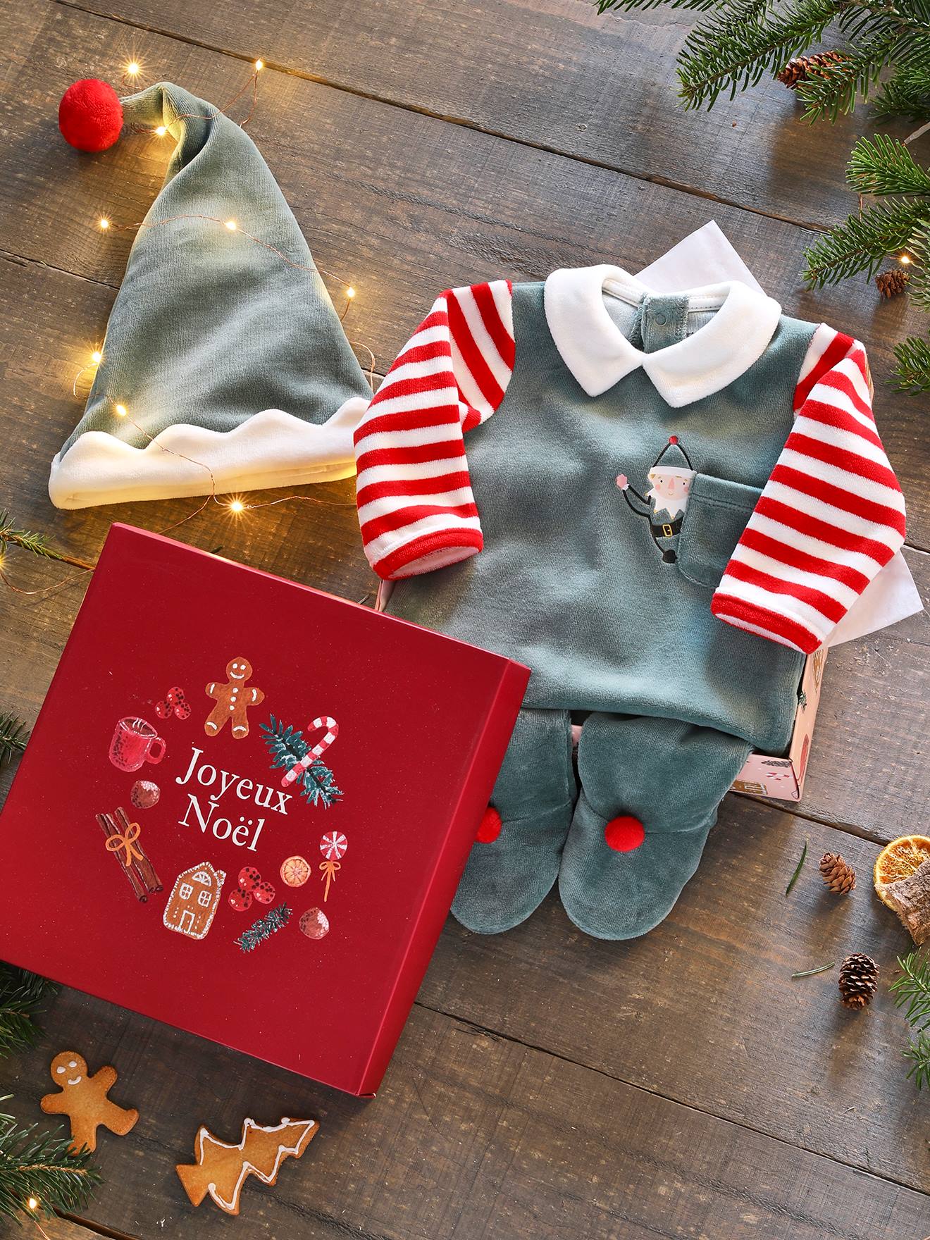 Pyjama bébé mixte + bonnet Joyeux Lutin coffret cadeau Noël vert sapin (Vertbaudet) - Image 1