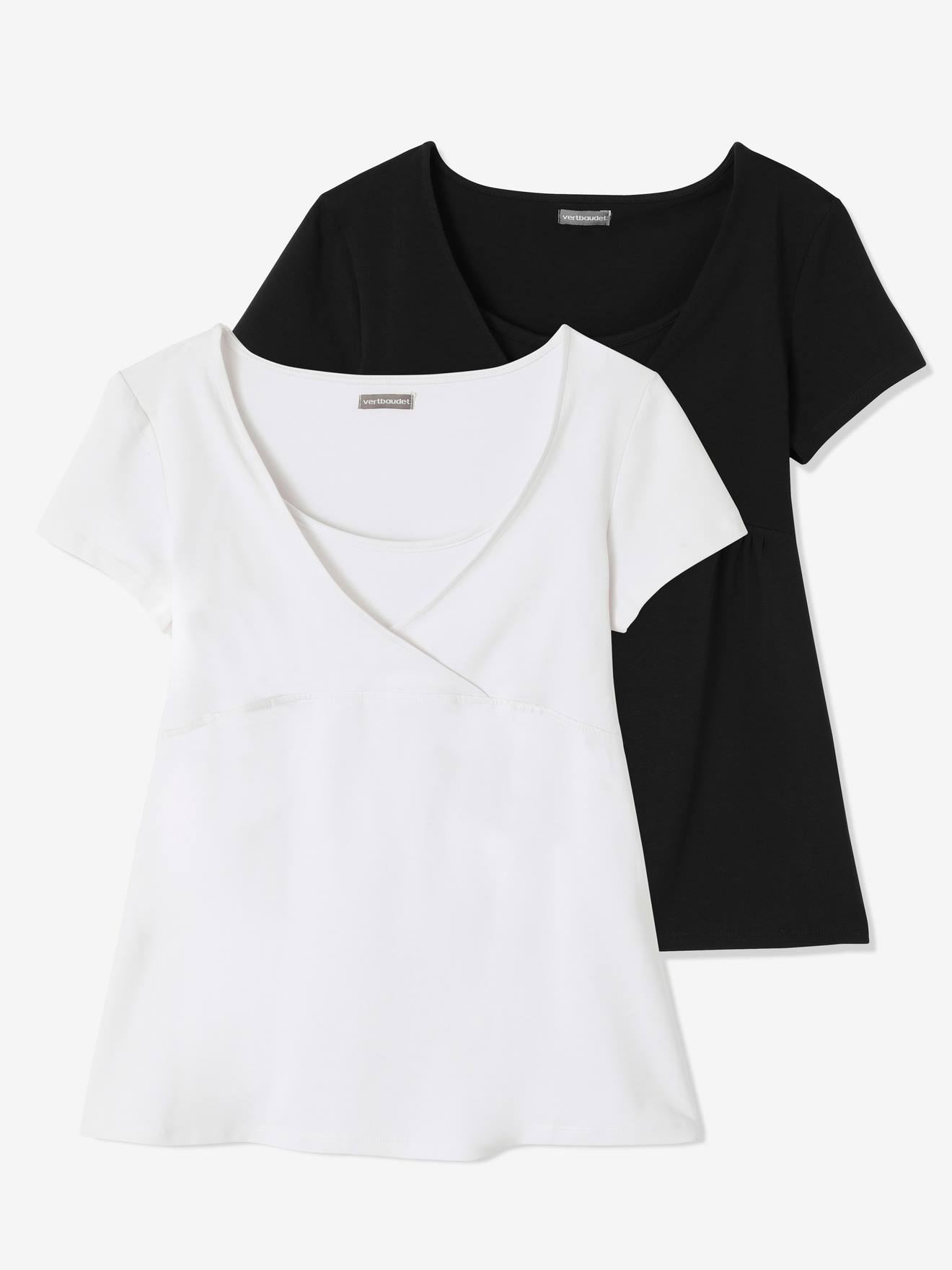 Lot de 2 T-shirts cache-coeur grossesse et allaitement lot noir/blanc