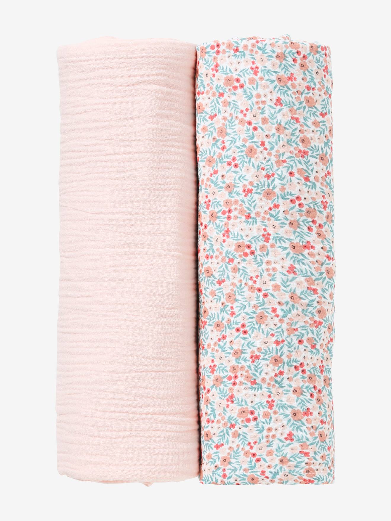 Lot de 2 maxi langes pour emmaillotage rose/fleurs