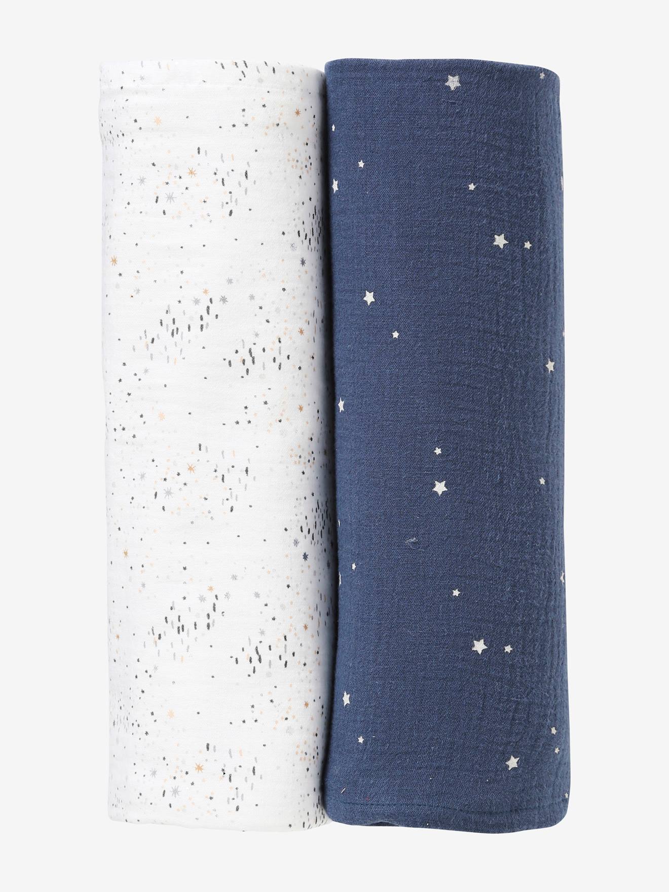 Lot de 2 maxi langes 120x120 cm pour emmaillotage marine/blanc