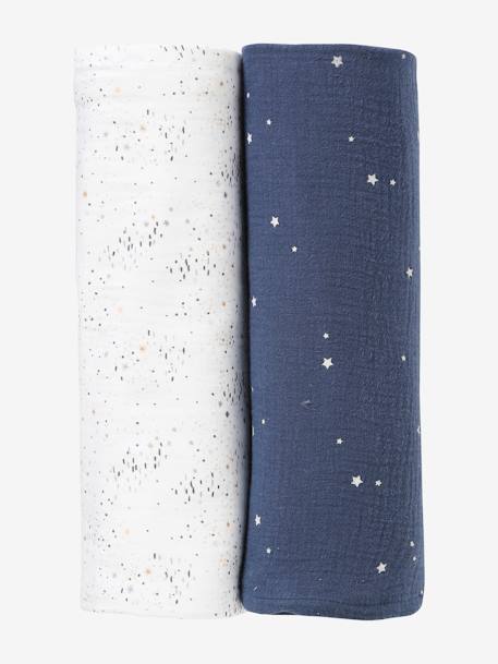 Vertbaudet - Lot de 2 maxi langes 120x120 cm pour emmaillotage marine/blanc