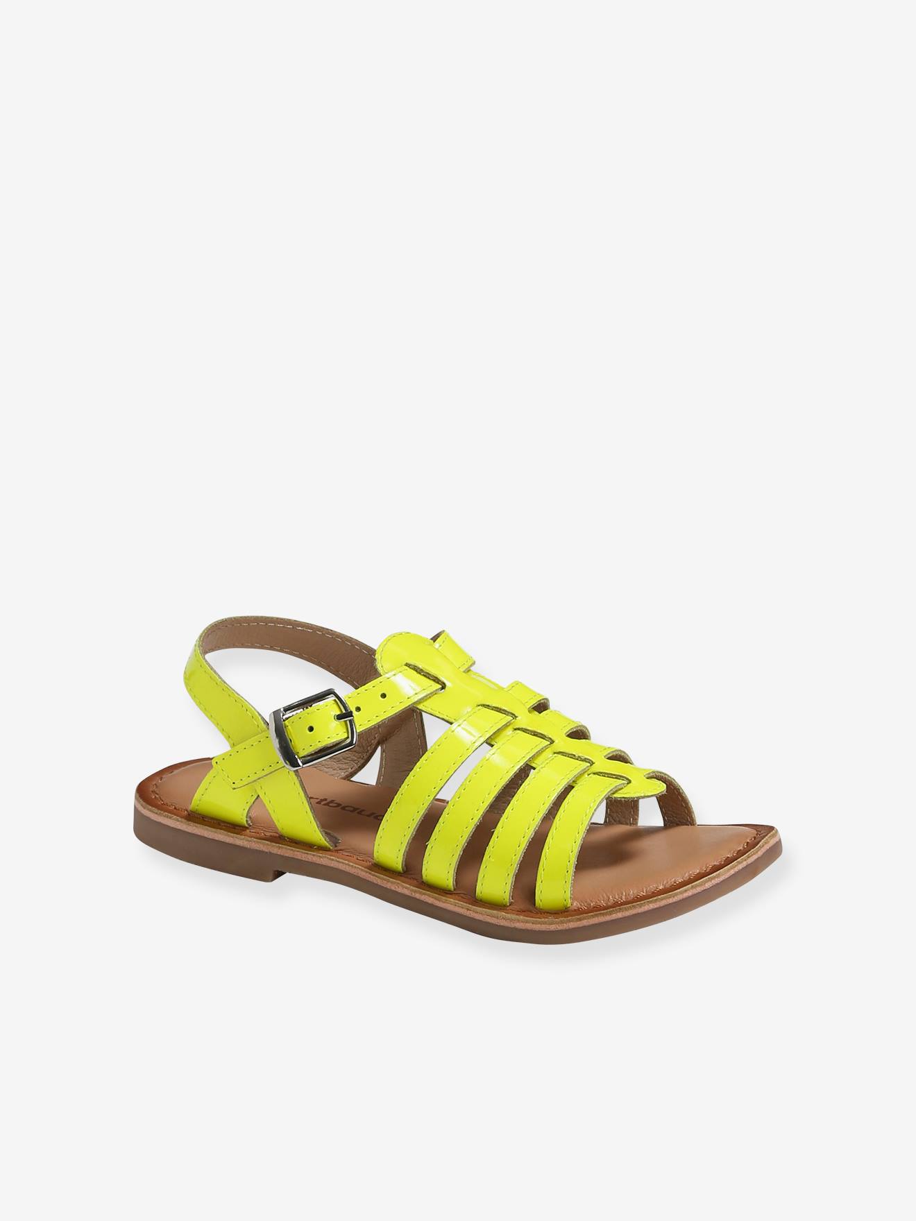 Sandales multi-brides cuir fille jaune fluo