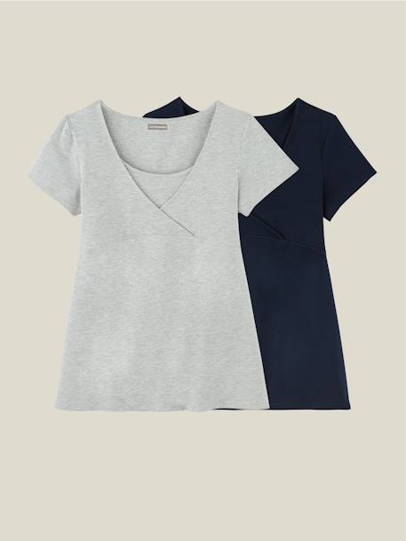 Vertbaudet - Lot de 2 T-shirts cache-coeur grossesse et allaitement lot marine/gris
