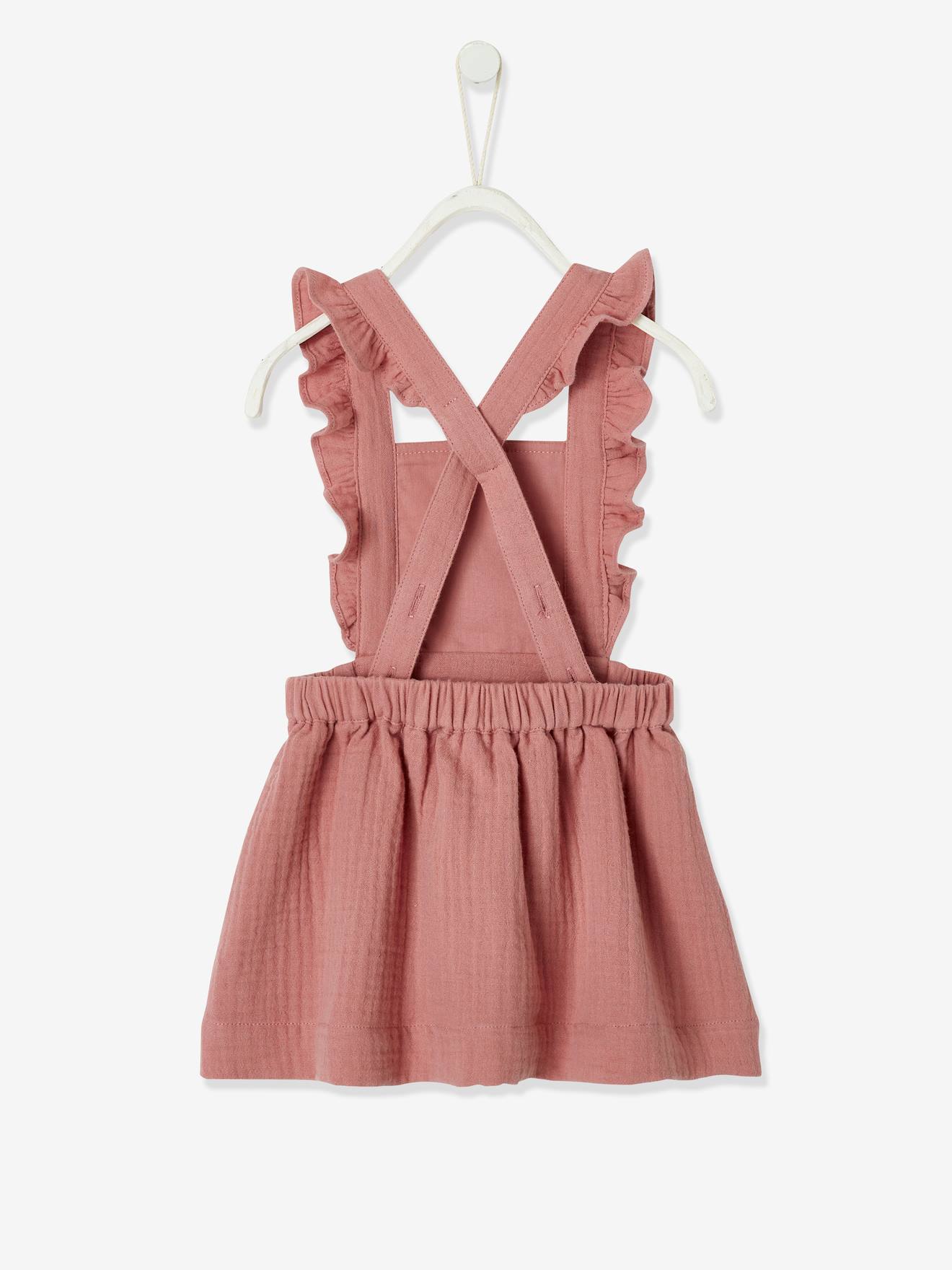 Robe bébé en gaze de coton bretelles à volants vieux rose (Vertbaudet) - Image 3