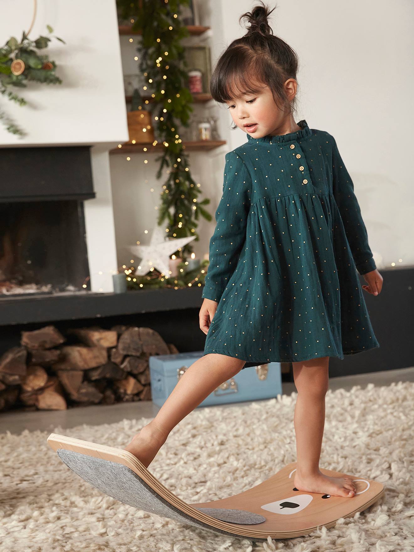 Robe en gaze de coton détails fantaisie fille vert imprimé