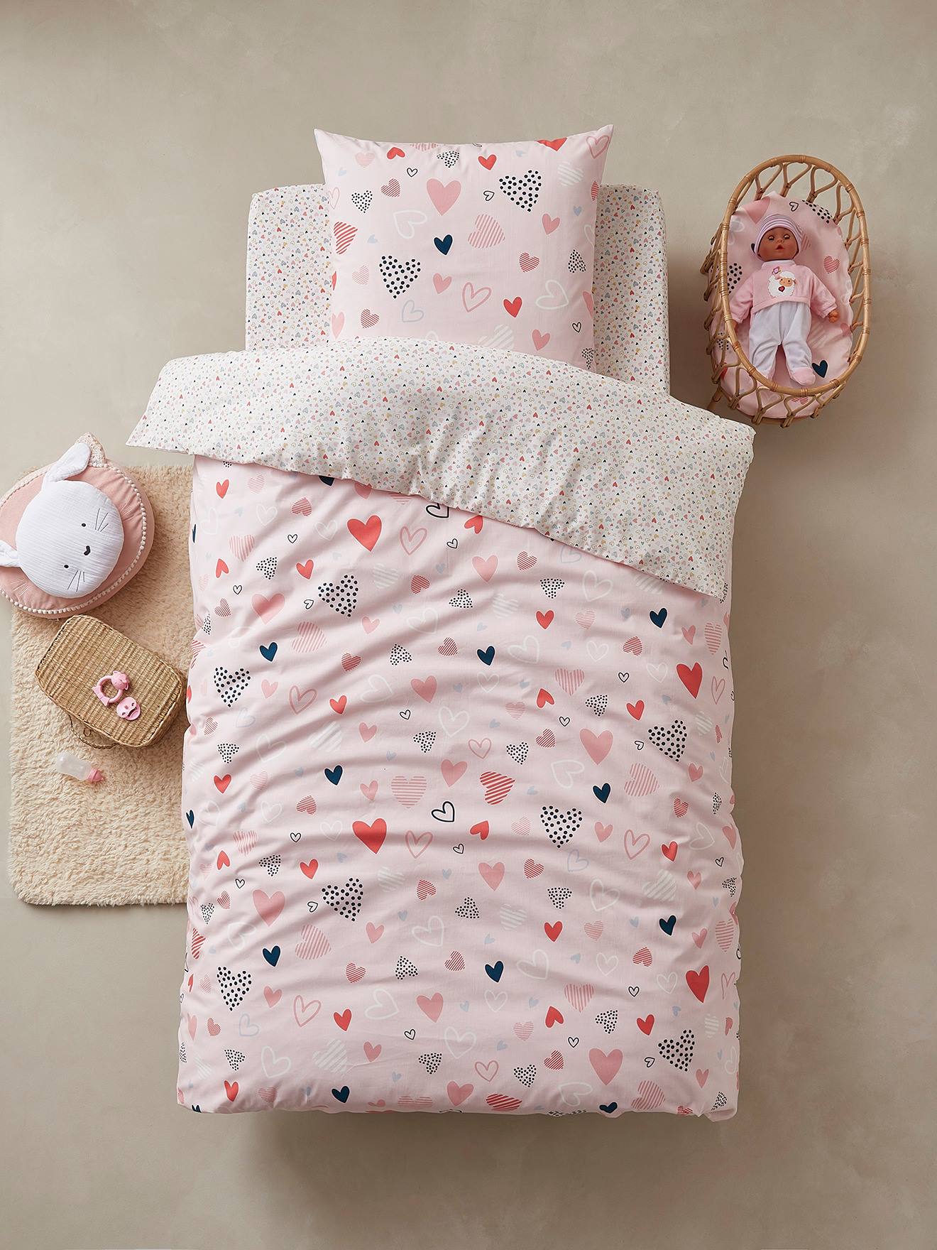Parure housse de couette + taie d'oreiller essentiels enfant COEURS EN FETE rose  / multicolore