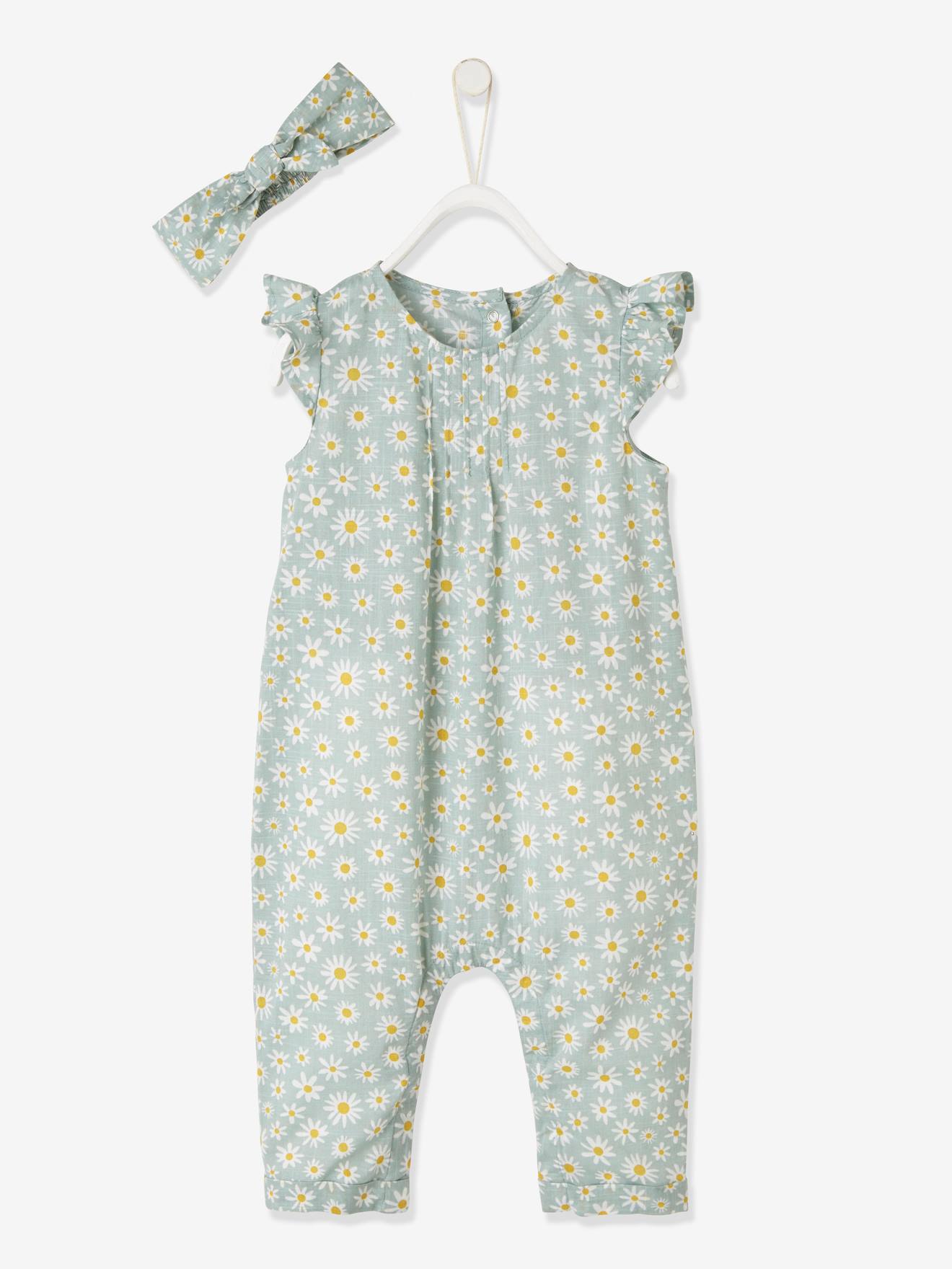 Ensemble bébé fille combinaison + bandeau imprimés vert céladon imprimé (Vertbaudet) - Image 1