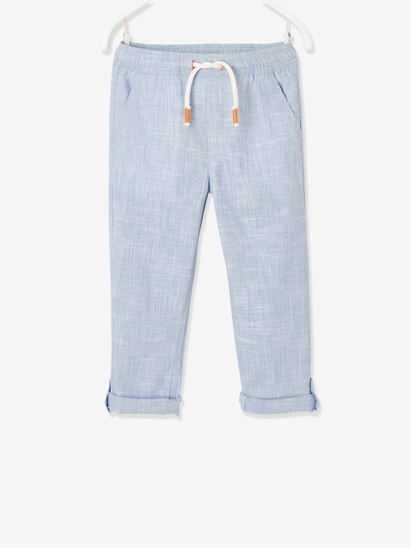Vertbaudet - Pantalon léger retroussable en pantacourt aspect lin tissé garçon bleu clair