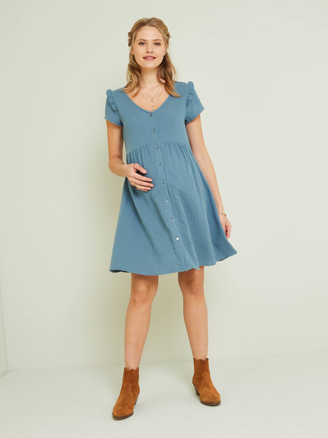Vertbaudet - Robe de grossesse et d'allaitement gaze de coton sauge