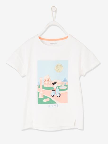 T-shirt motif 'city' fille manches courtes Oeko-Tex® blanc+parme+rose poudré 1 - vertbaudet enfant 