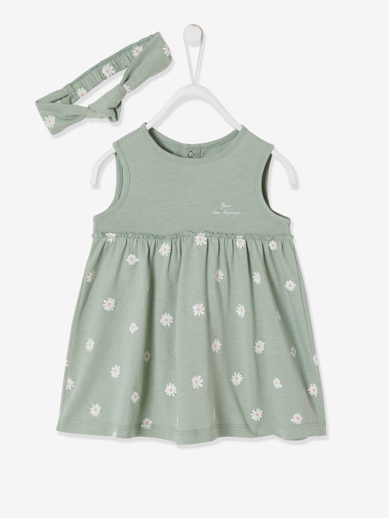Robe bébé naissance et bandeau assorti tilleul imprimé (Vertbaudet) - Image 1