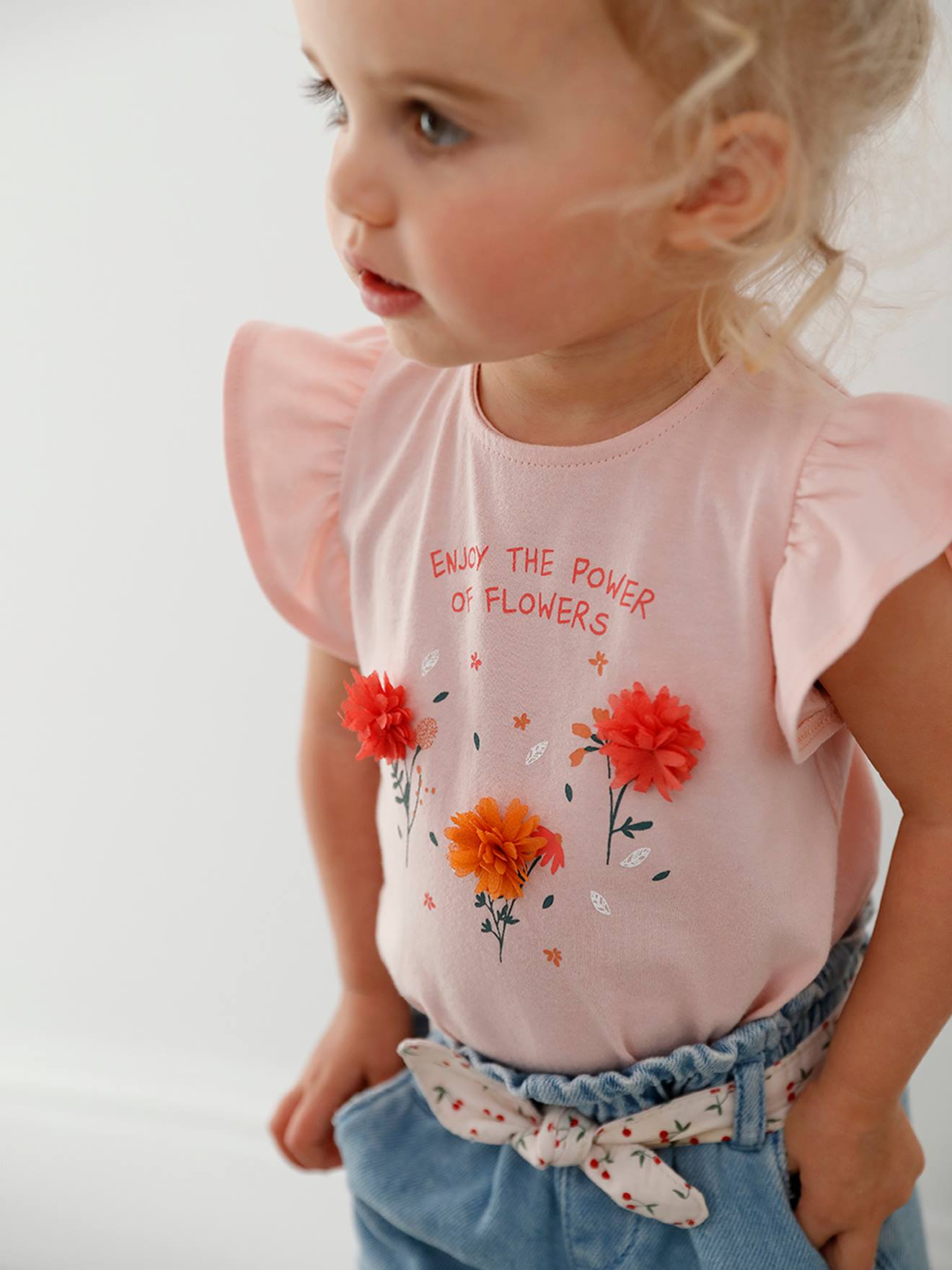 T-shirt bébé fleurs en relief rose grisé
