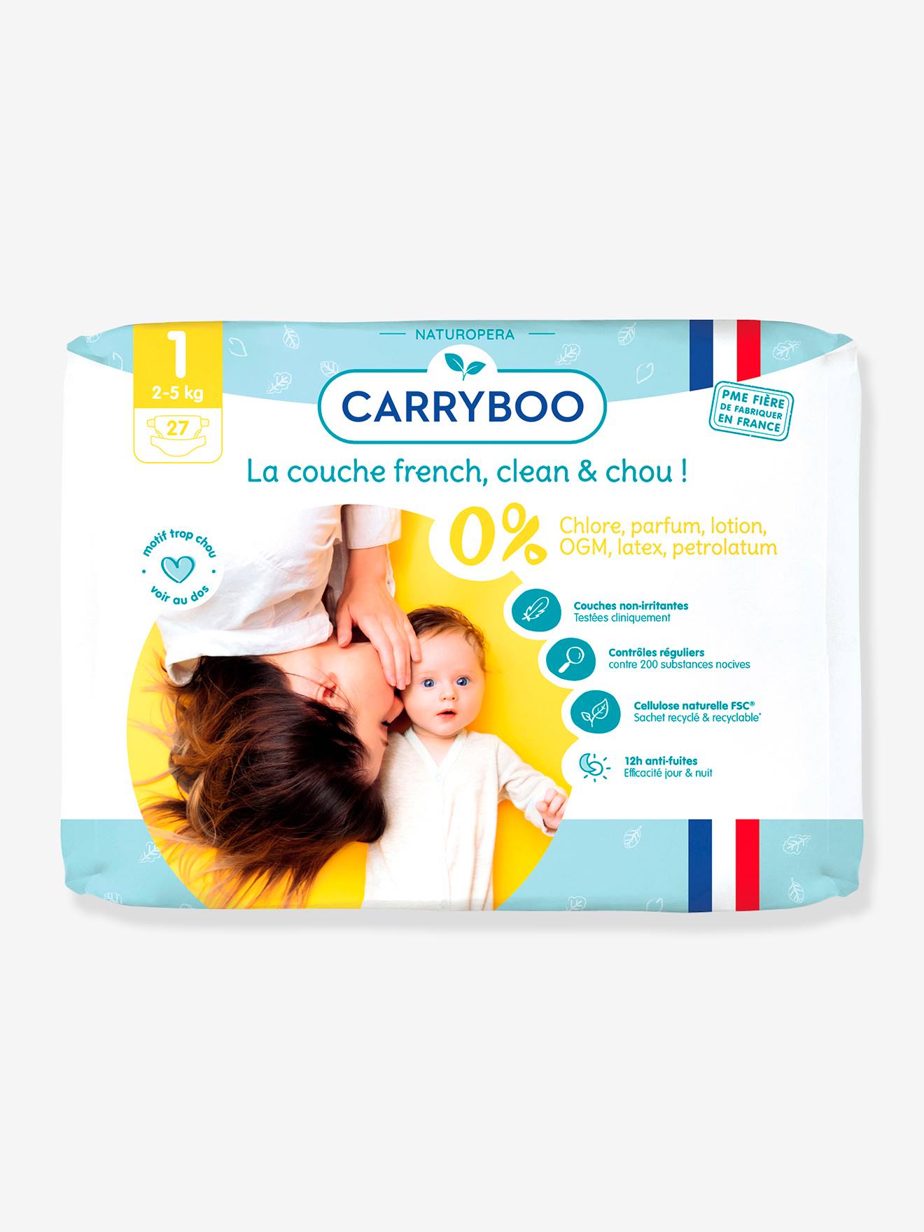 27 couches dermo-sensitives T1 (2-5 kg) CARRYBOO blanc