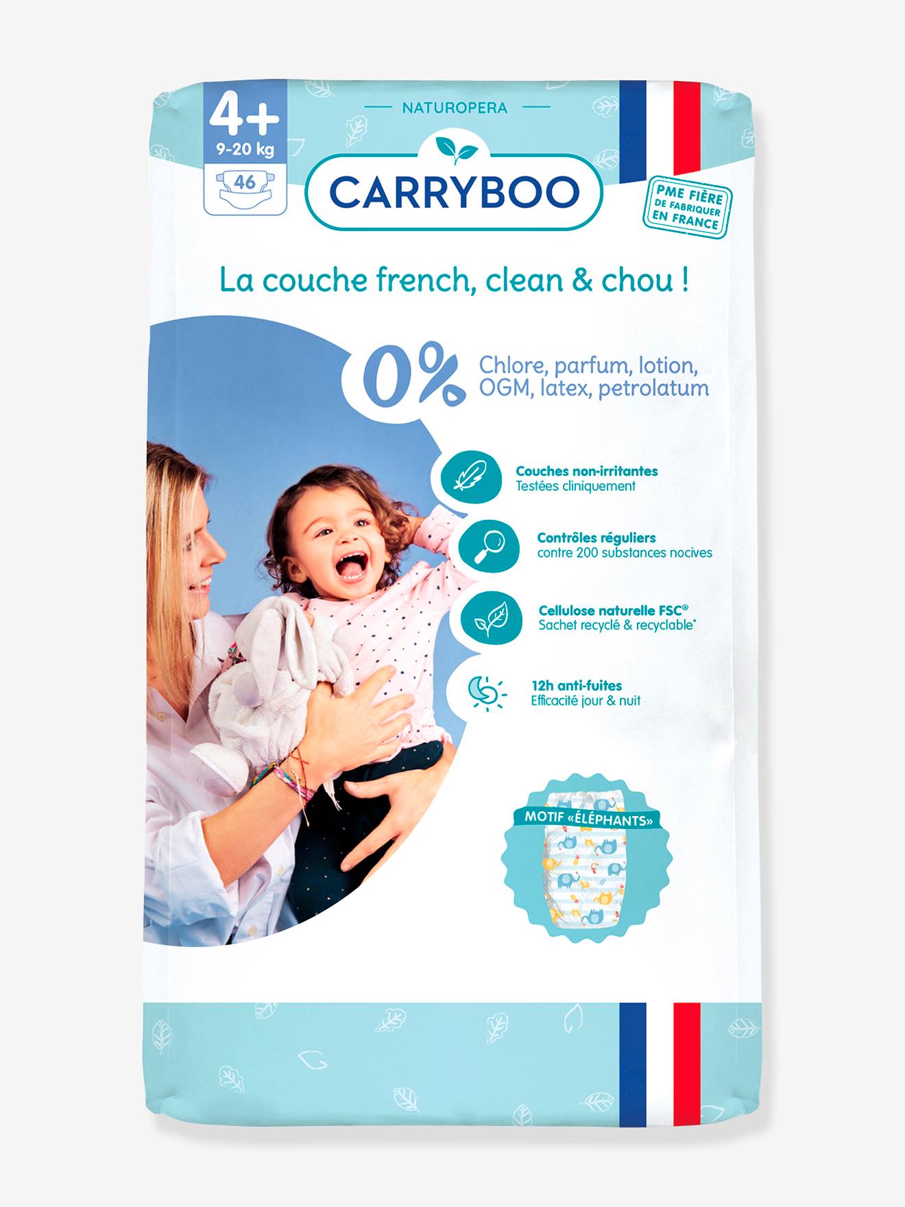 46 couches dermo-sensitives T4+ (9-20 kg) CARRYBOO blanc