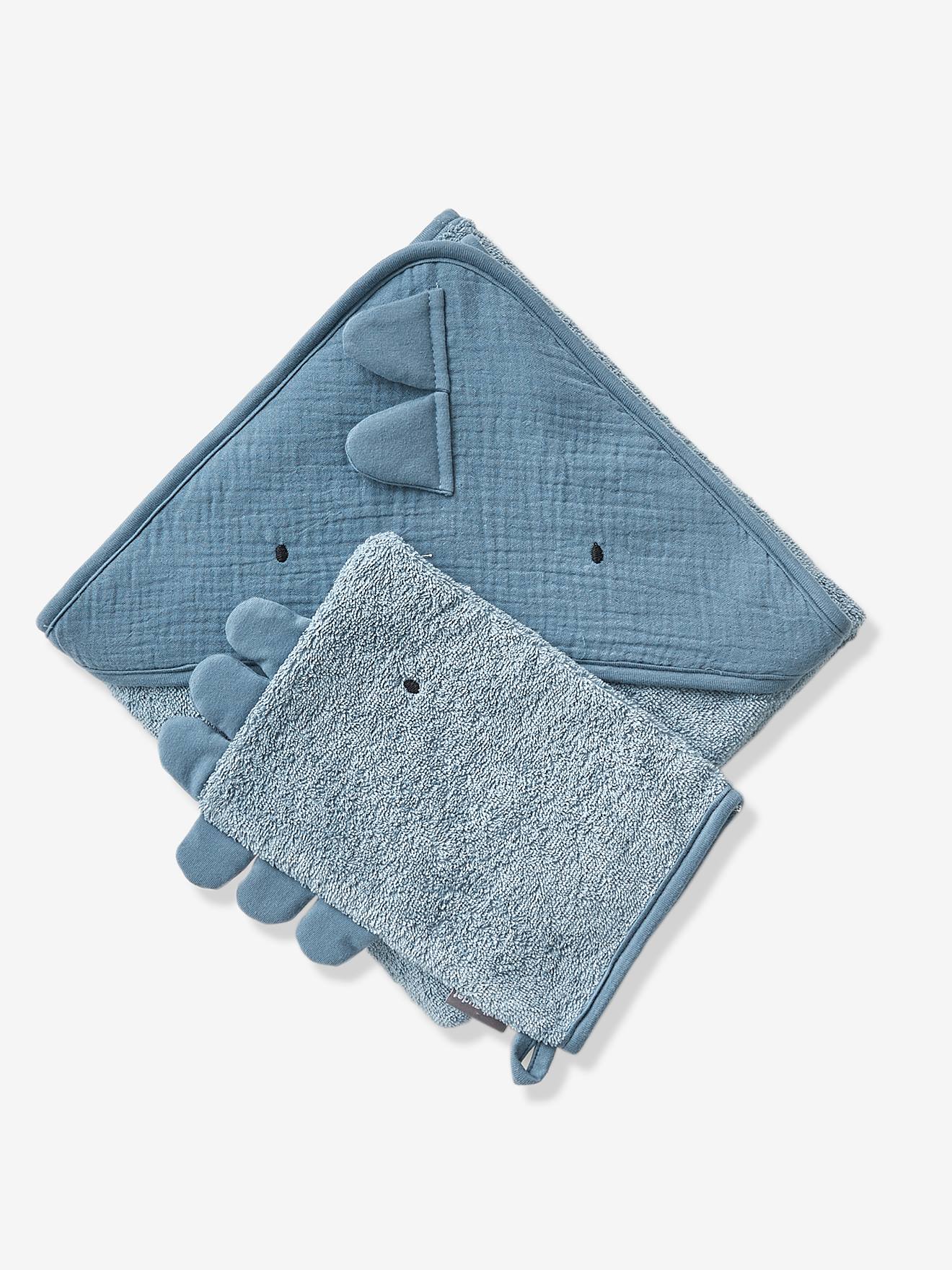 Cape de bain bébé en gaze de coton + gant de toilette PETIT DINO bleu