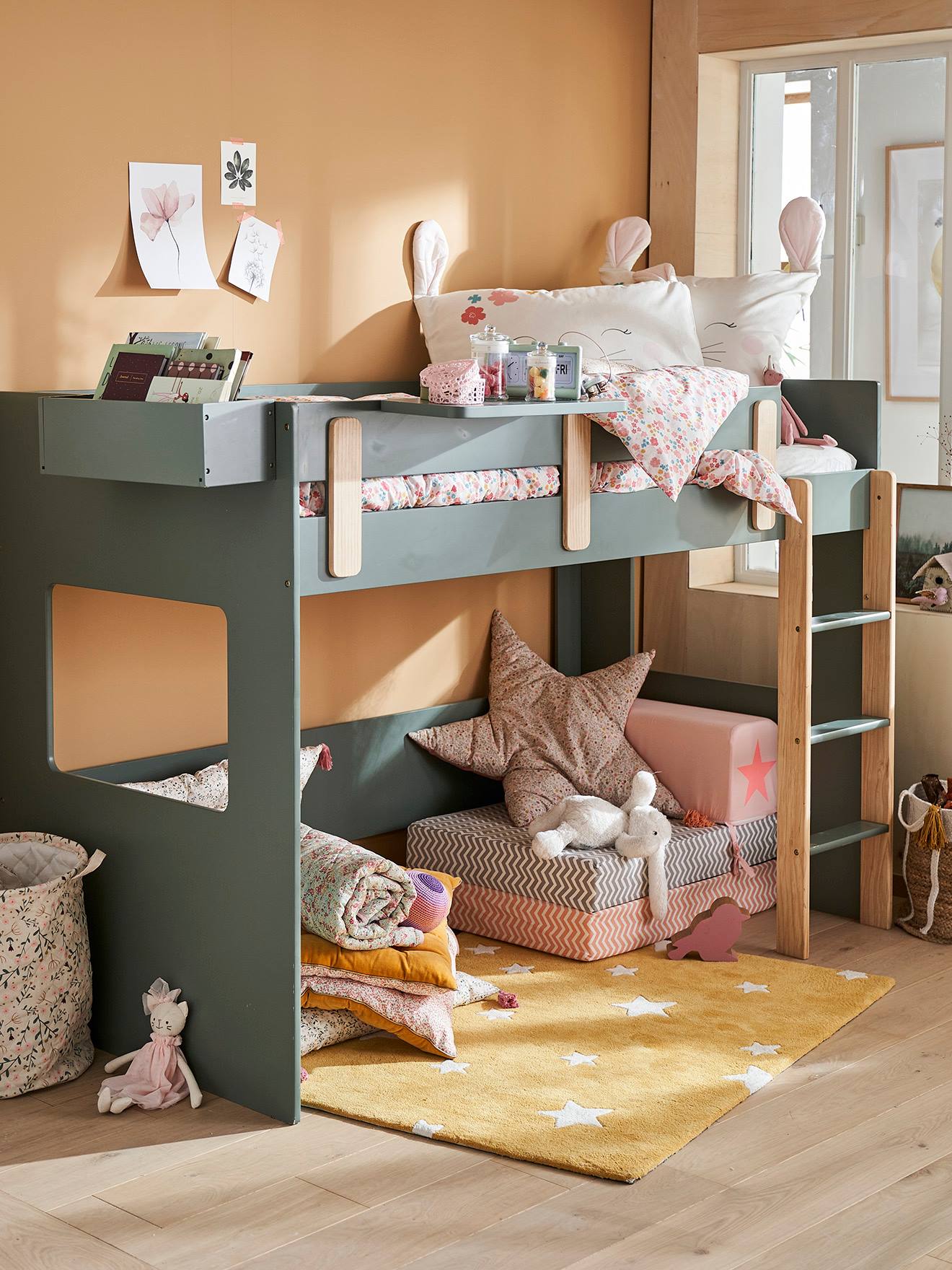 Lit mezzanine mi-hauteur enfant LIGNE EVEREST kaki